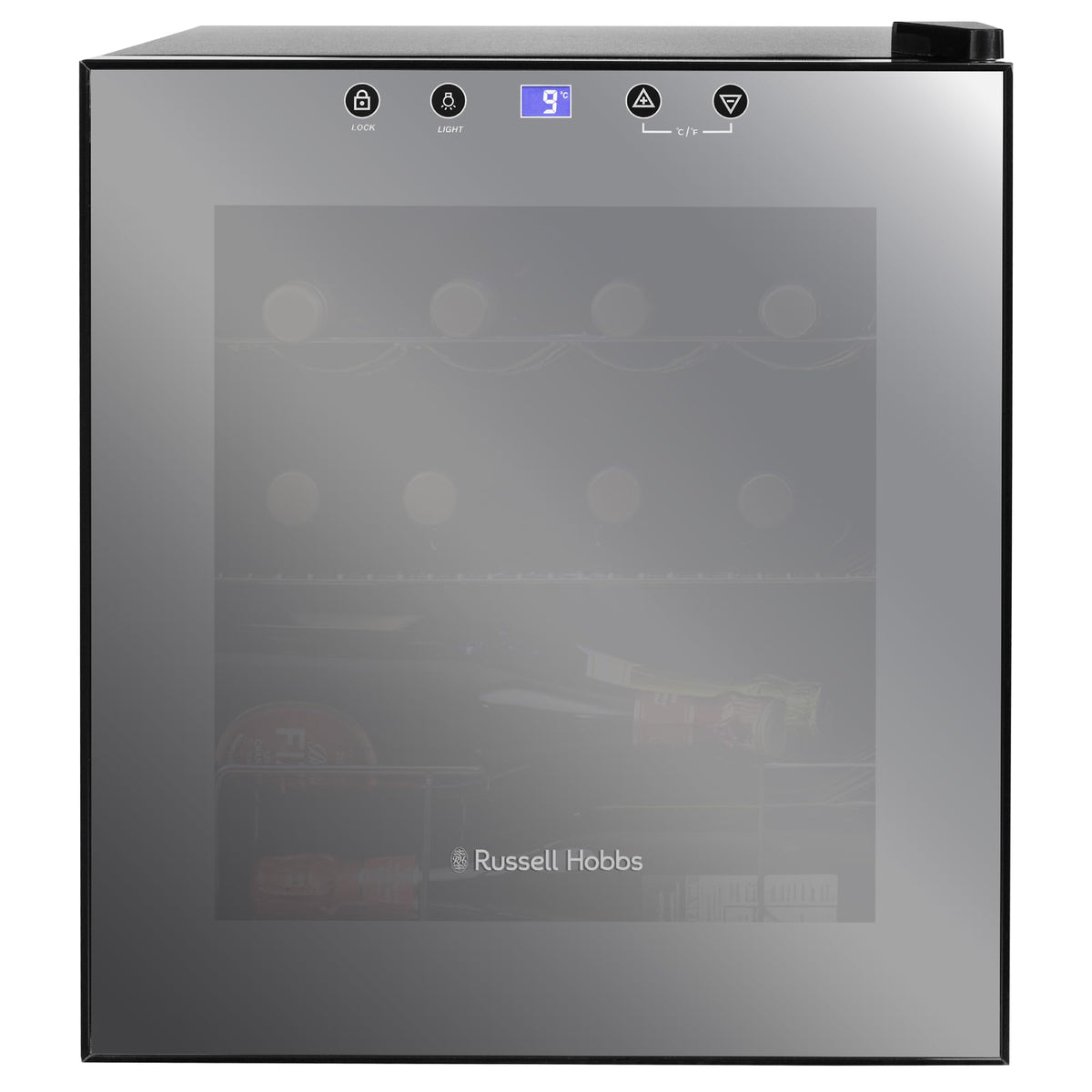 Russell Hobbs 20 Bottle 62L Mirrored Door Wine Cooler Freestanding Beverage Drinks Fridge, LED Light with Touch Control, Digital Display, Adjustable Shelves, Glass Door RH20WC201MR