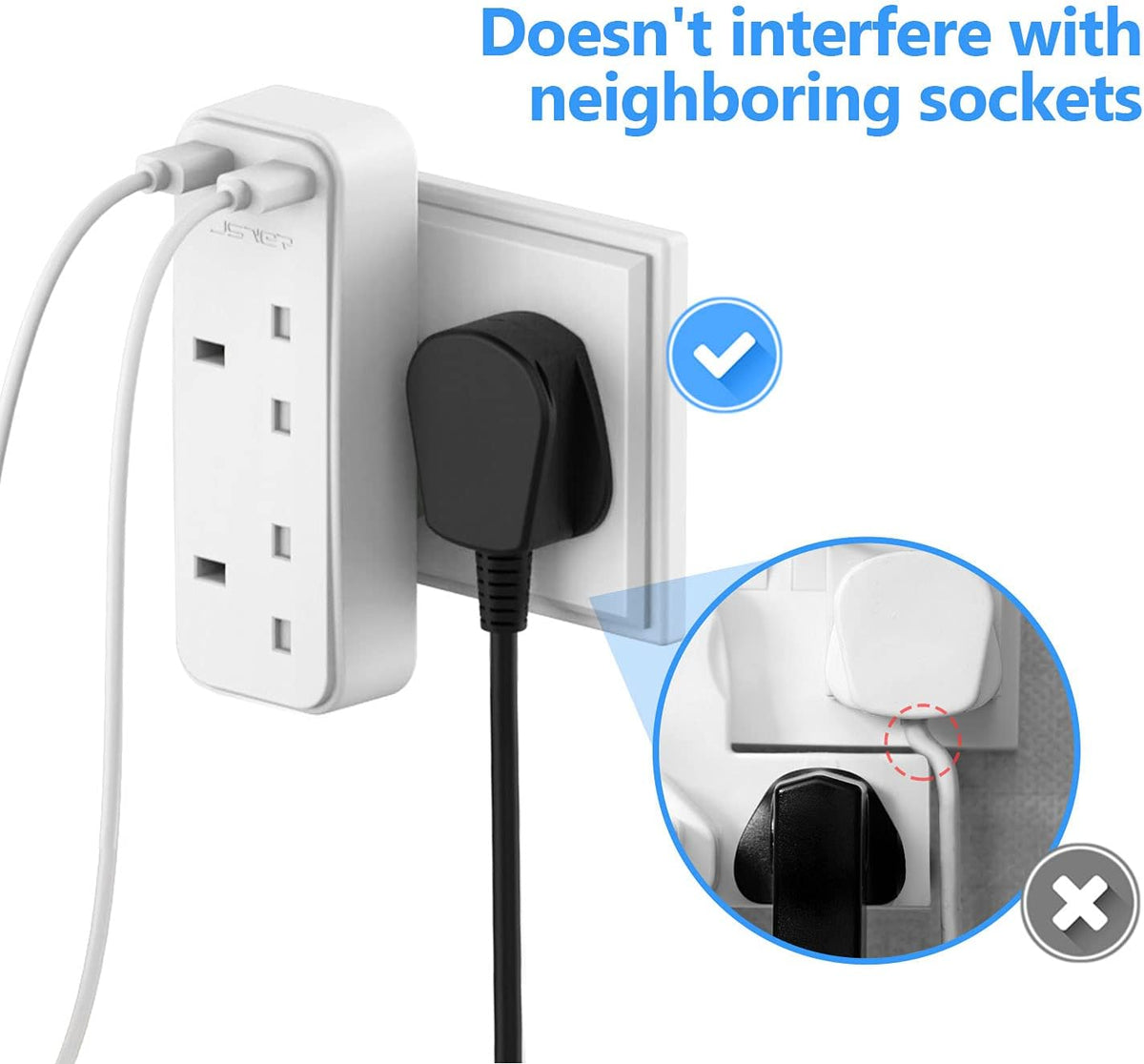 Double Plug Adaptor with 2 USB, JSVER Mini 2 Way Plugs Extension Sockets with USB Ports(5V/2.4A) Wall Charger Adapter, 13A UK 3 Pin Power Socket for Home, Office, Kitchen,White