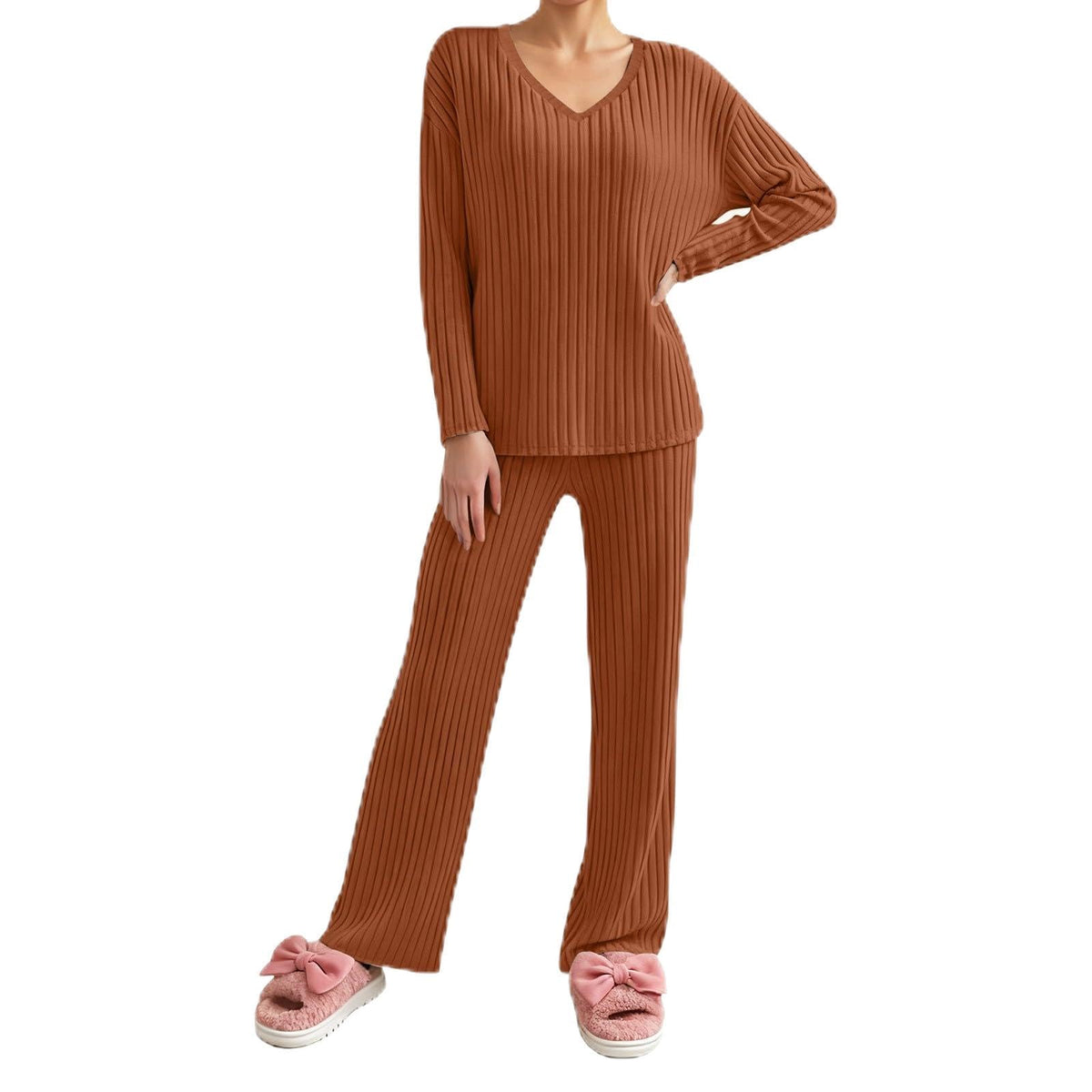 Lounge Wear Sets For Women Uk Womens Pyjamas Set Ladies Pyjamas Two Piece Outfit Fleece Tracksuits V-Neck Long Sleeve Jumpers And Wide Leg Trousers With Pockets Sleepwear Plain Casual Homewear