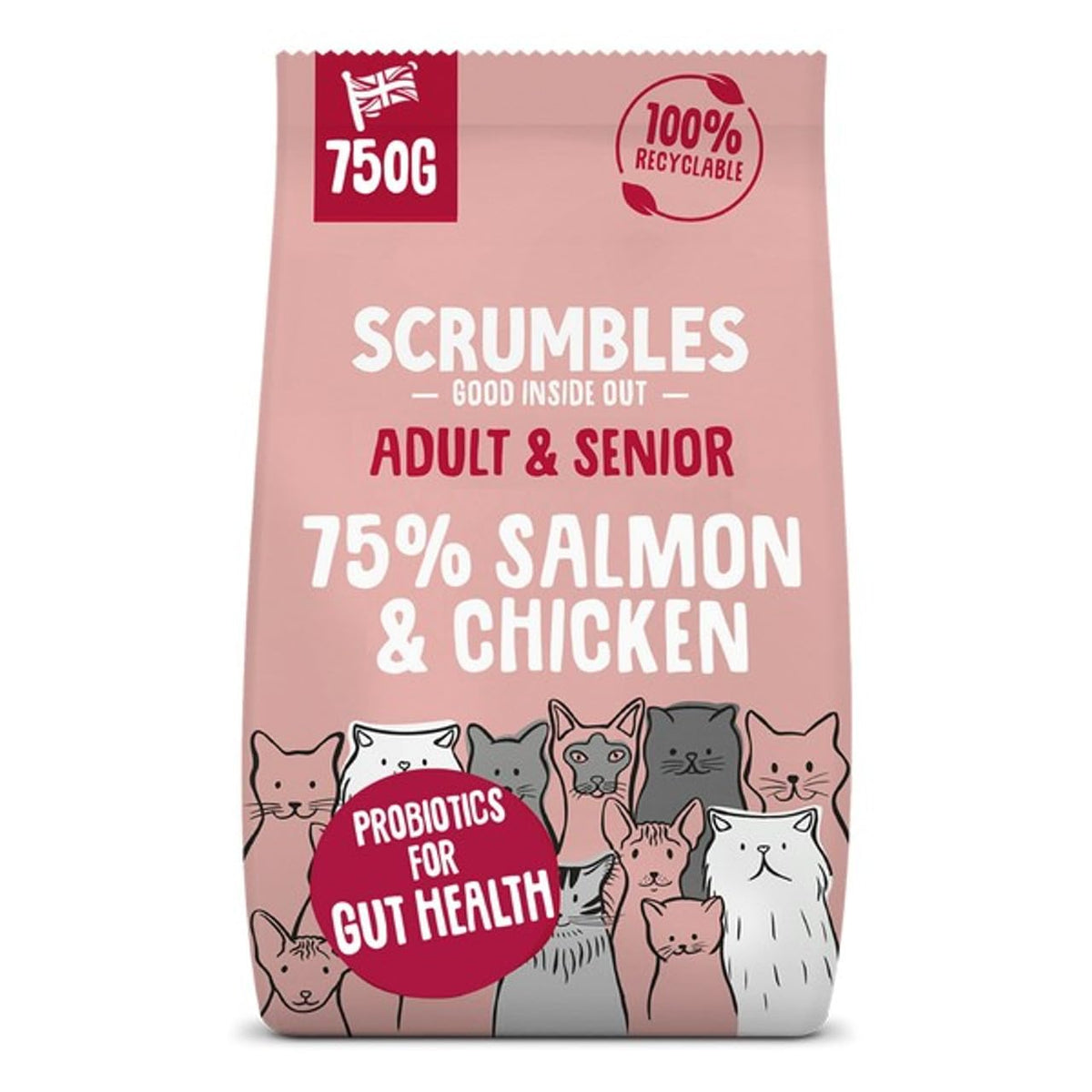 Scrumbles • Dry Cat Food • Hypoallergenic • All Lifestages • Chicken 75% • 750g Bag • Natural Complete Adult Recipe • Gut Friendly Prebiotics & Probiotics • Gluten Free