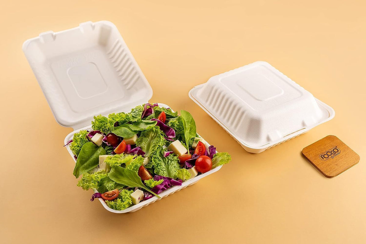 FOOGO Green 50pcs Clamshell Takeaway Boxes, 9x6 inch, 30oz / 900ml