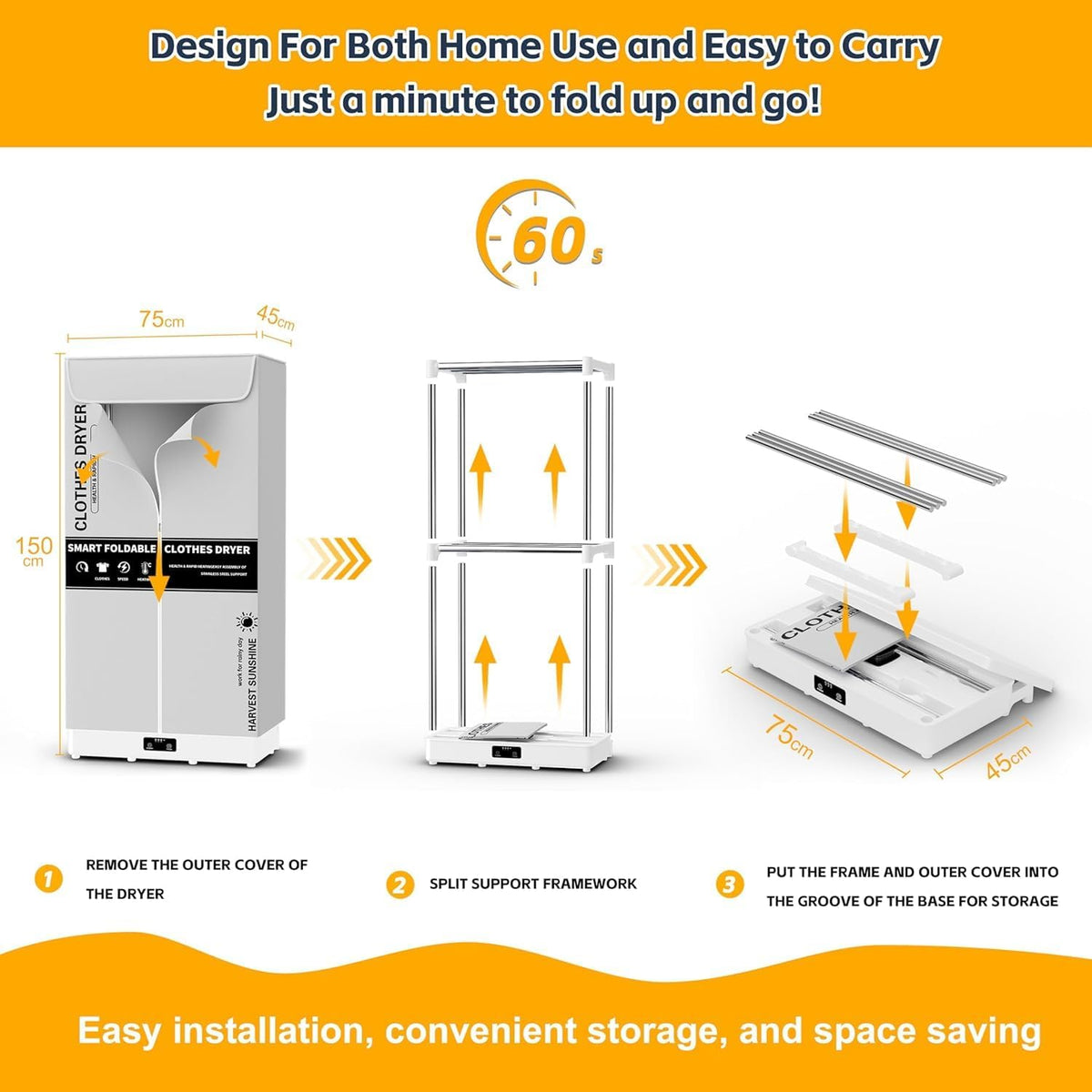 Clothes Dryer, Portable Foldable Drying Machine with Timer, Easy Carry Laundry Drying Wardrobe with Large Capacity, Electric Dryer/Rack for Home | Appartments | RV (White)