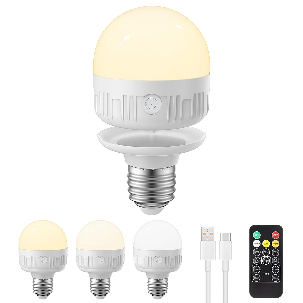 LGMCF E14 Rechargeable Light Bulb, 8W, 3 Colors, Timer, Dimmable, 2 Pack