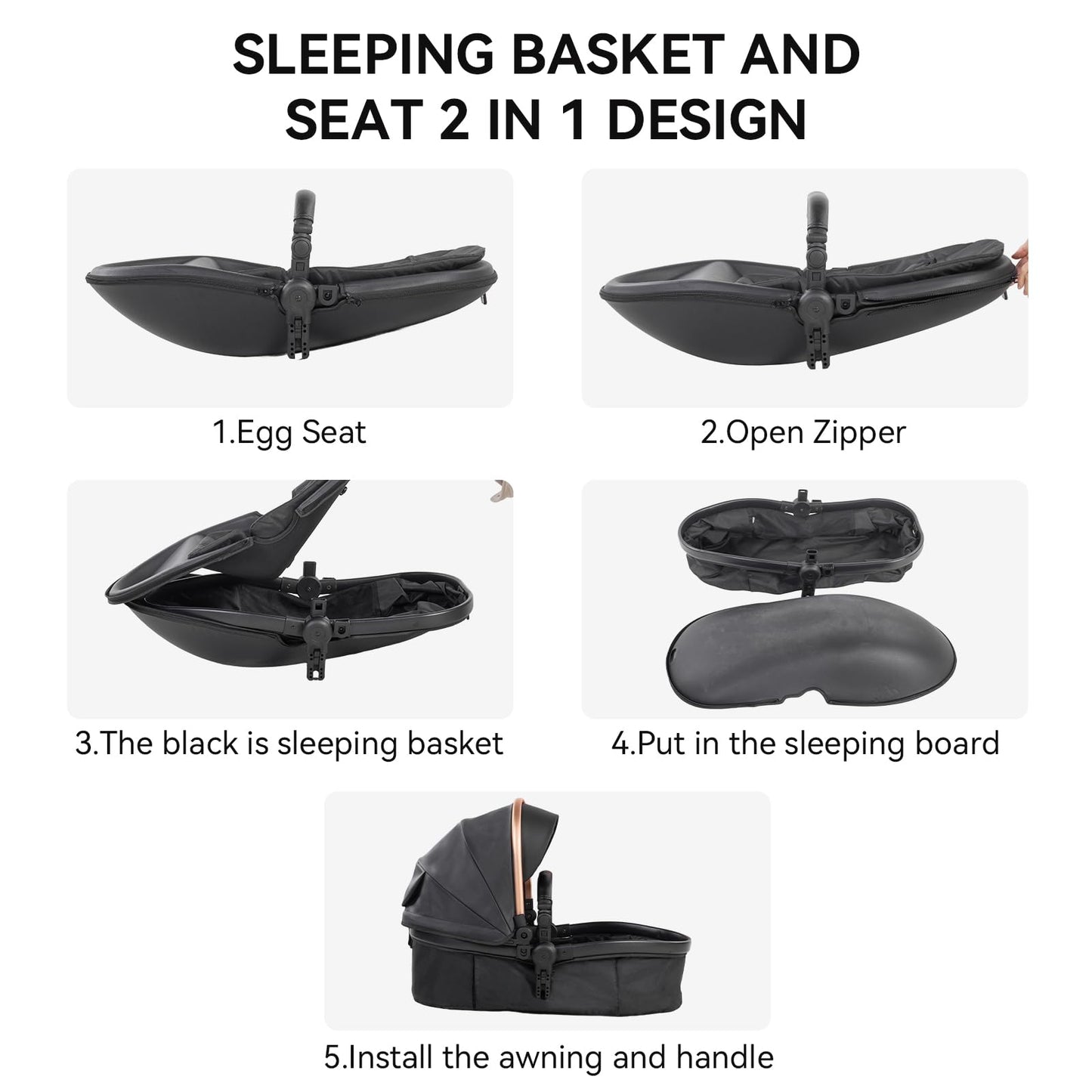 PU Leather 3 in 1 Pushchair Travel System, Toddler Stroller, Baby Pram 3 in 1, Infant Carriage with One-Click Folding, Newborn Buggy with Aluminum Frame (V6 Black)