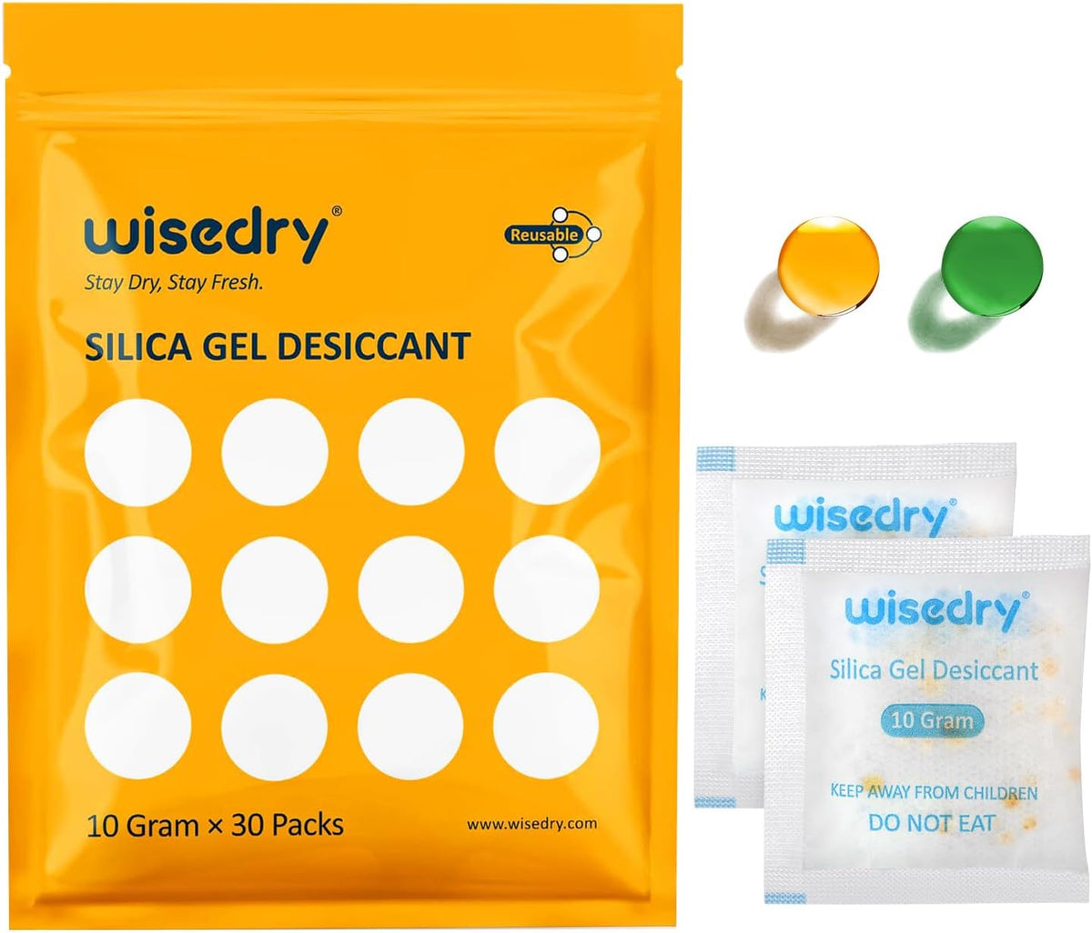 wisedry Silica Gel Sachets Bags 10 Gram x 30 Packs with Orange Beads Humidity Indicator Desiccant Packs Moisture Absorber for Air Dryer Moisture Removal, Food Grade