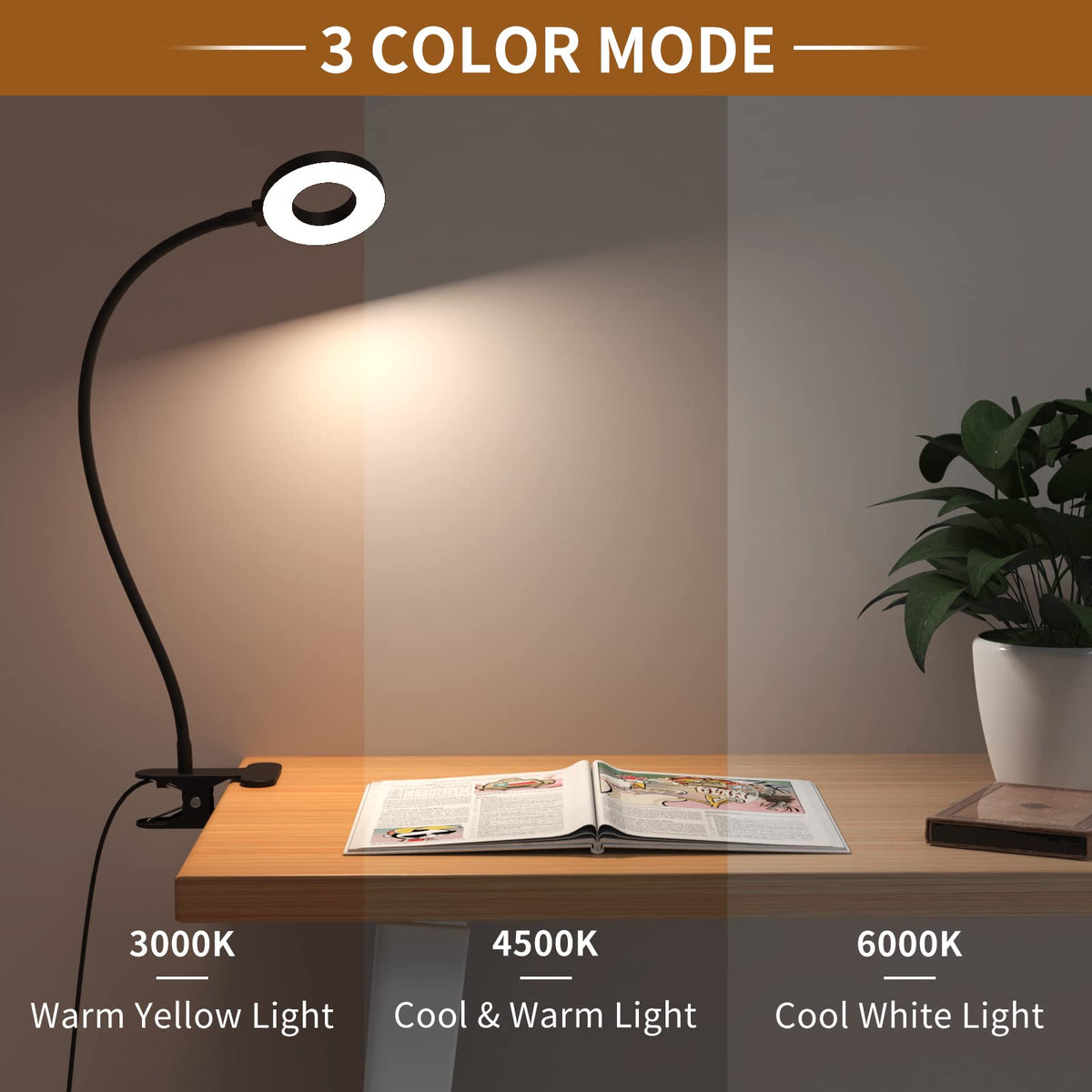 iZELL LED Desk Lamp -【3 Color Modes & 10 Brightness】 Eye Caring Clip on Clamp Light with 70cm Flexible Arm, Book Ring Light with Plug for Home Office, Kids, Reading, Clip on Table, Headboard