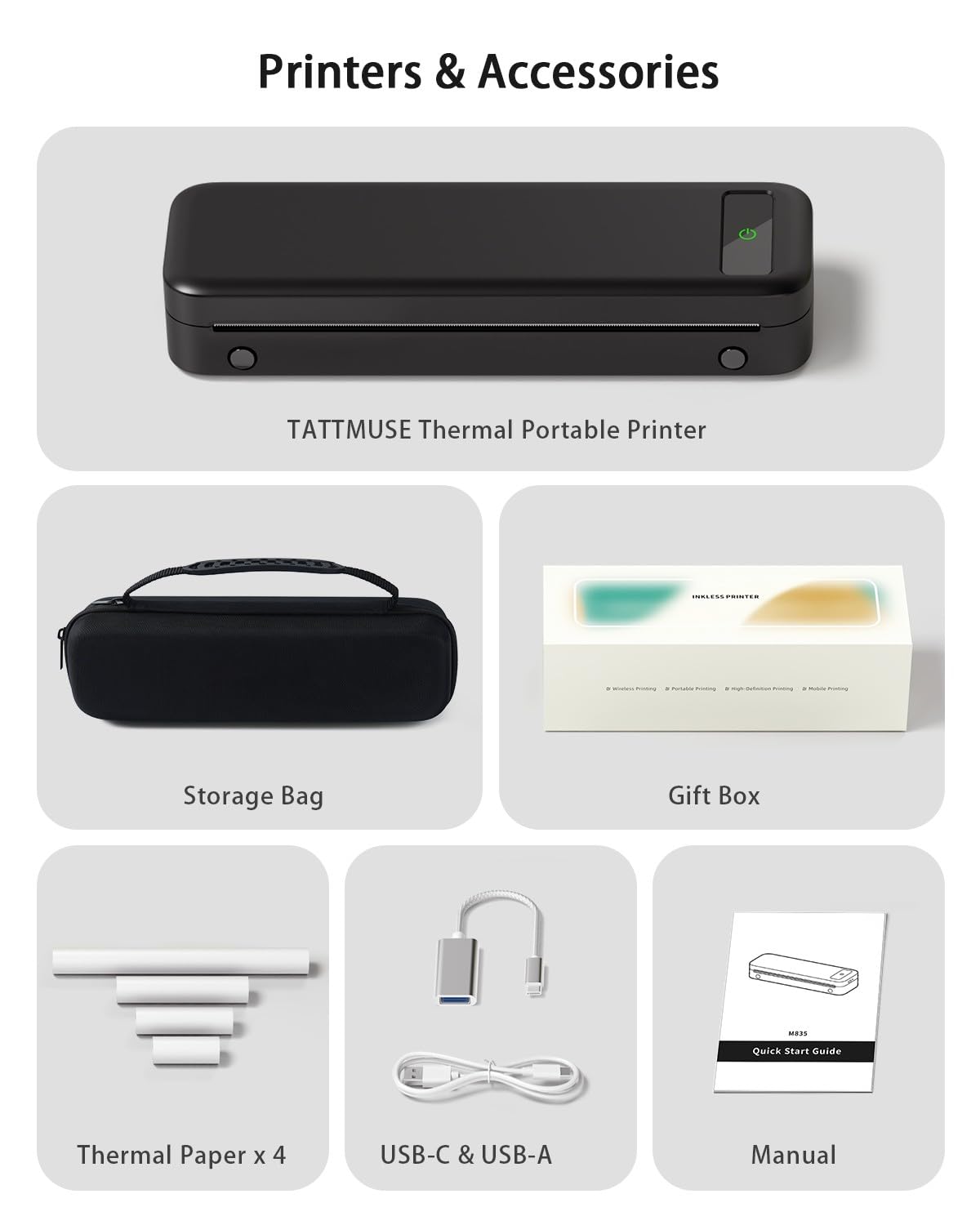 Portable Thermal Printer A4 Inkless Wireless Bluetooth Small Mobile - Black