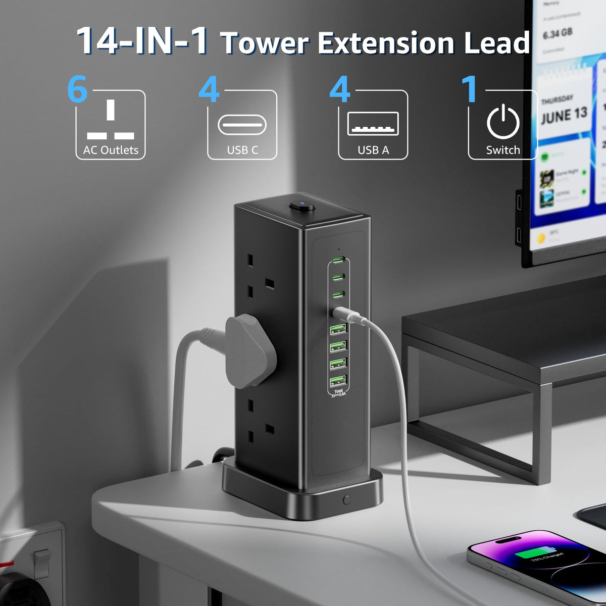 Tower Extension lead with USB Slots,6 Way Plug Extension Socket 3 Metres