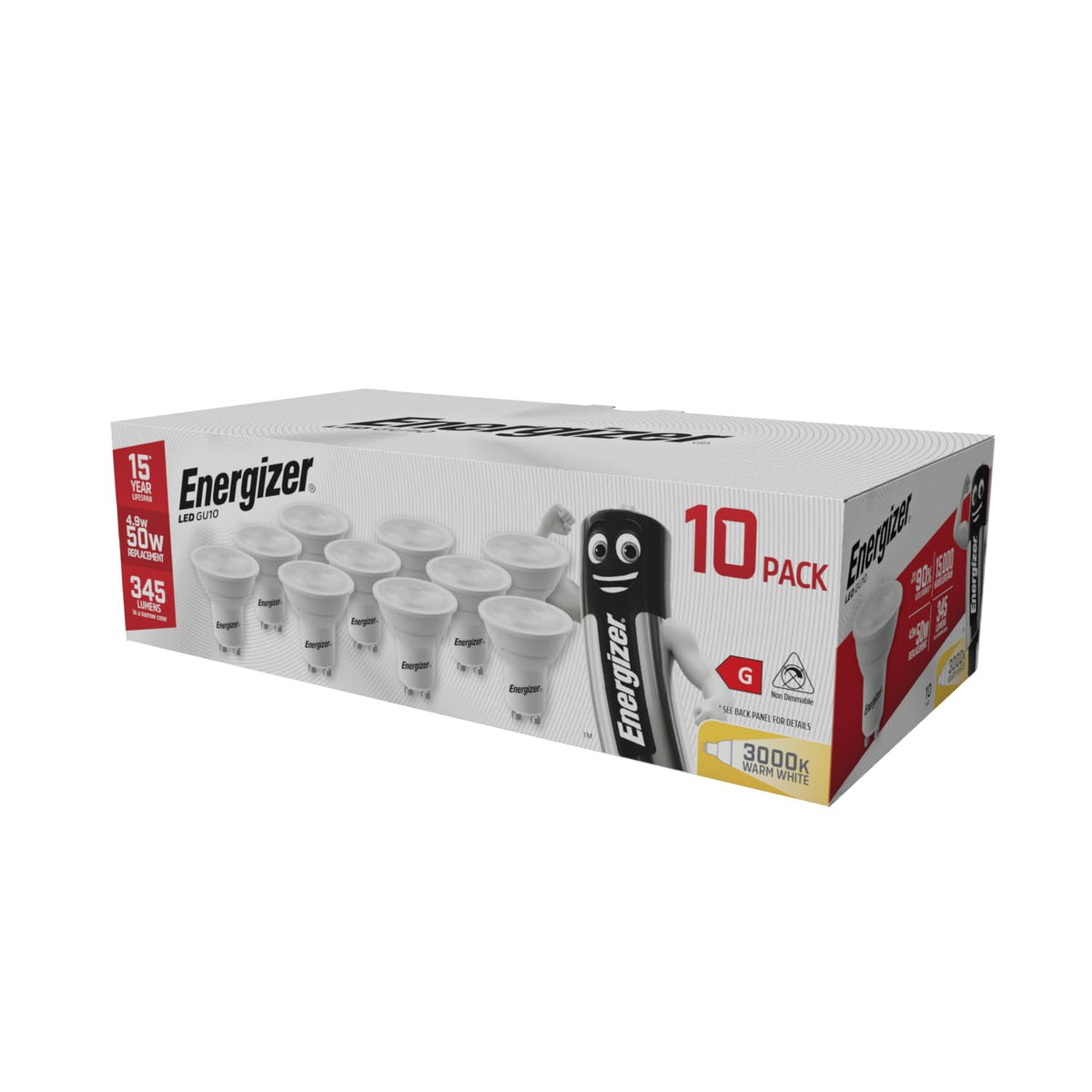 Energizer GU10 LED Bulbs Daylight White - 6500K 50W Halogen Spotlight Equivalent – 345LM - Non Dimmable. Pack of 5