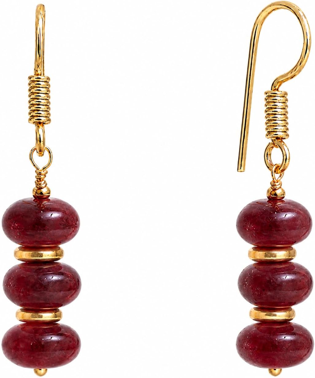Gempires Natural Gemstone Rondelle Bead Earrings for Women | 8mm Beaded Drop Dangle Earrings | Gold Plated Hypoallergenic Hook Jewelry | Handmade Lightweight Crystal Earrings