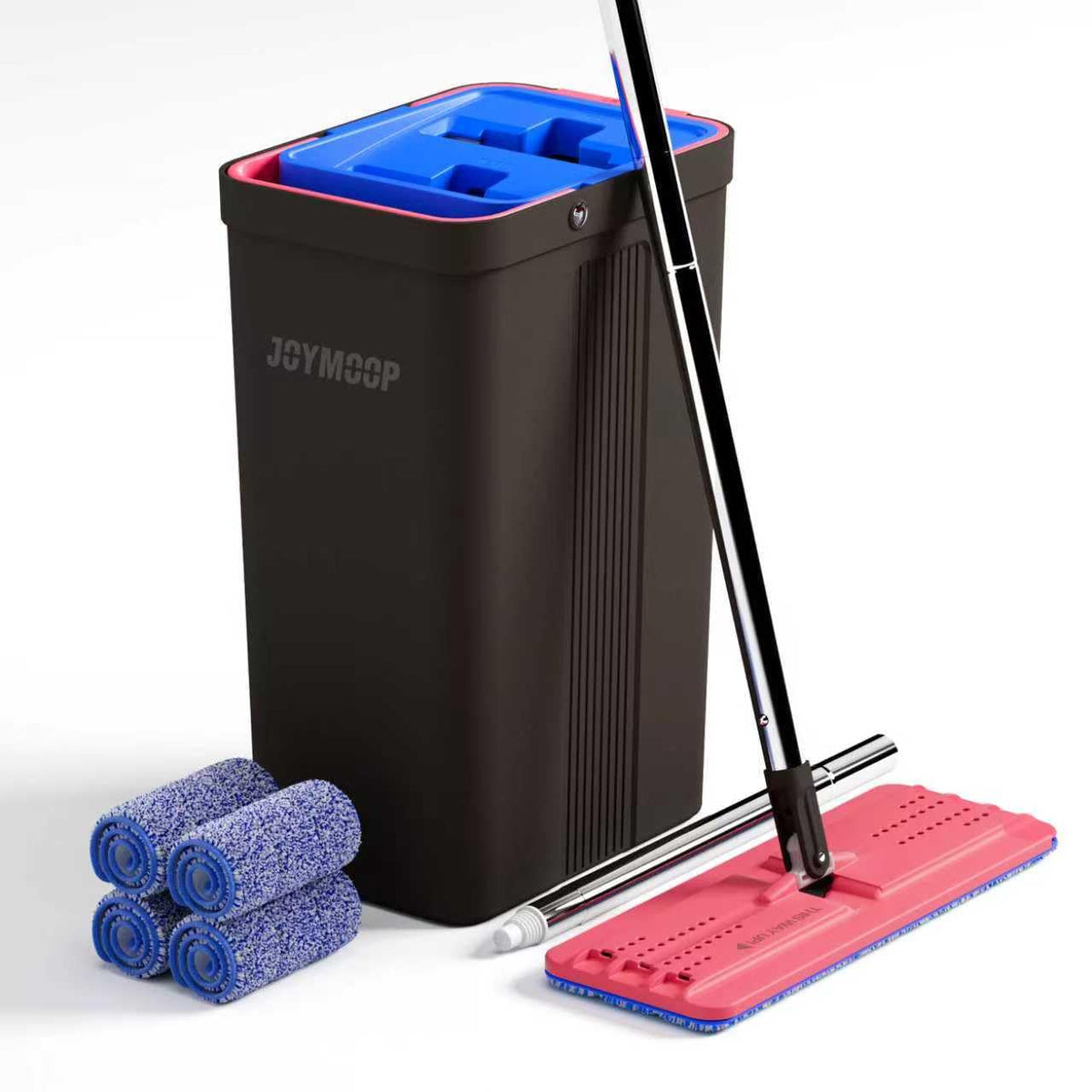 JOYMOOP Mop and Bucket with Wringer Set, Hands Free Flat Floor Mop and Bucket, with 3 Washable Microfiber Pads, Wet and Dry Use, Floor Cleaning System