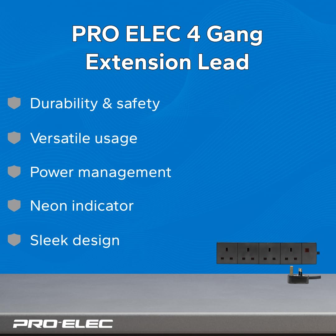 Pro Elec 3 m 4 Socket Neon On Light Extension Lead - White