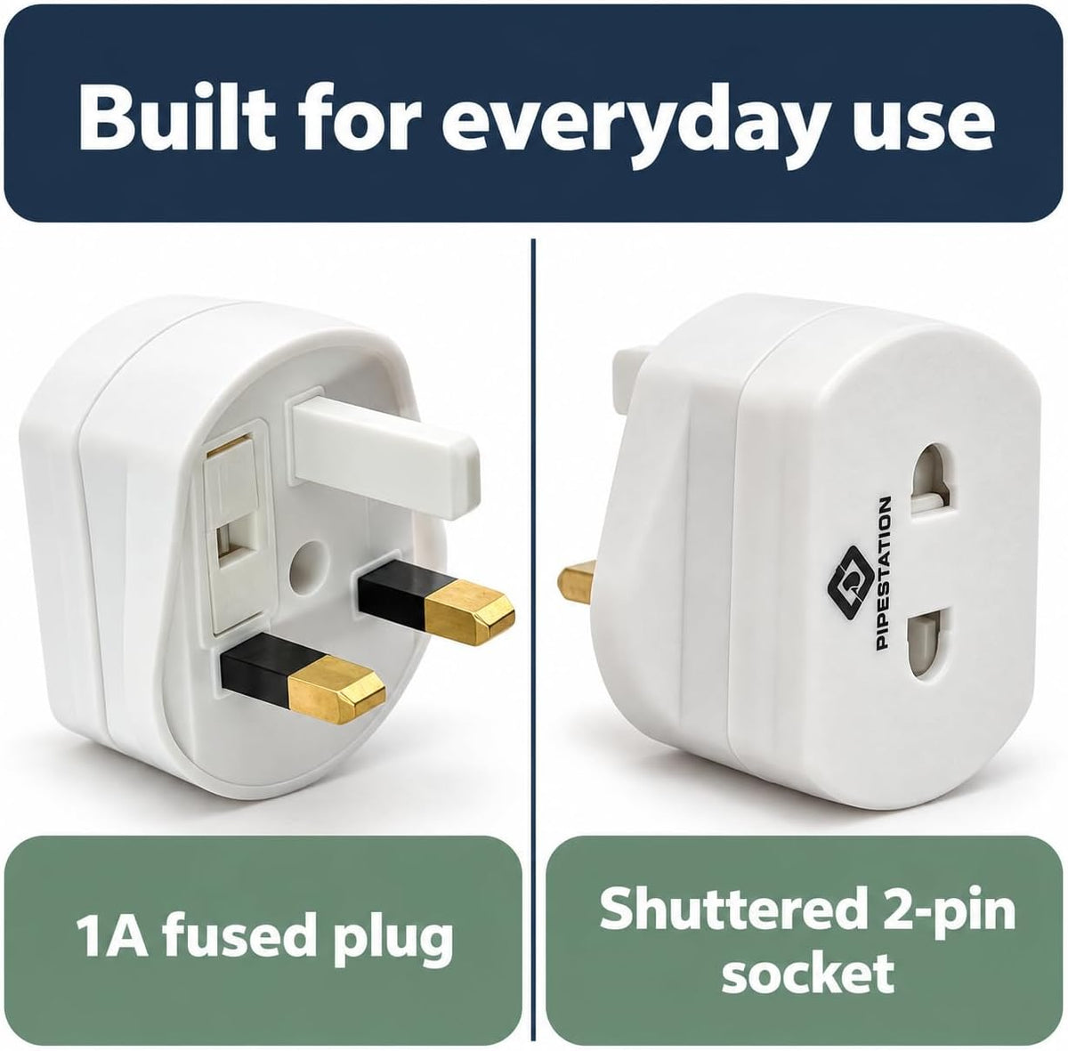 Pipestation Shaver Plug Adaptor UK – 2 Pin to 3 Pin Toothbrush Adapter Plug, 1A Fused Converter for Oral-B, Philips, Braun and Remington Chargers – White