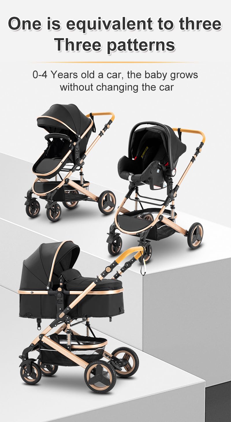 YAZOCO 3 in 1 Prams Travel System, Foldable Lightweight Baby Stroller, Adjustable Handle, Aluminum Frame for Newborn 0-4 Years Changing Bag (530 Black)