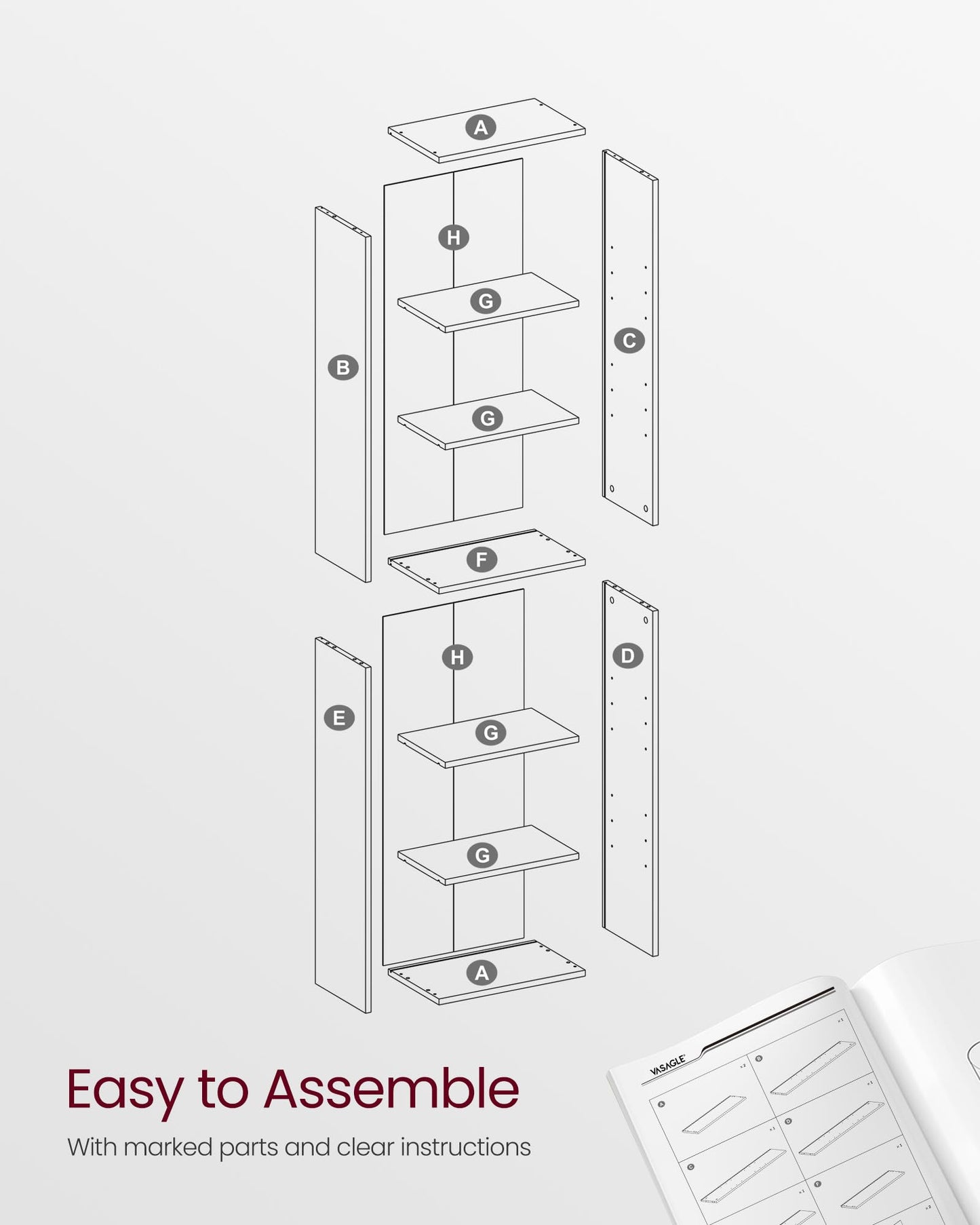 VASAGLE Bookcase, 6-Tier Bookshelf, Open Storage Shelf, Shelving Unit, 24 x 60 x 178.5 cm, for Living Room, Home Office, Dinning Room, Cloud White LBC169T14