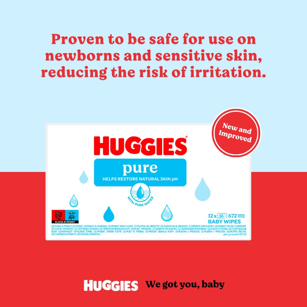 Huggies Pure Plastic Free Baby Wipes - Pack of 12 (576 Wipes) – 99% Water Wet Wipes, Fragrance Free, Hypoallergenic, Better Cleaning, Soft and Gentle on Babies' Delicate Skin