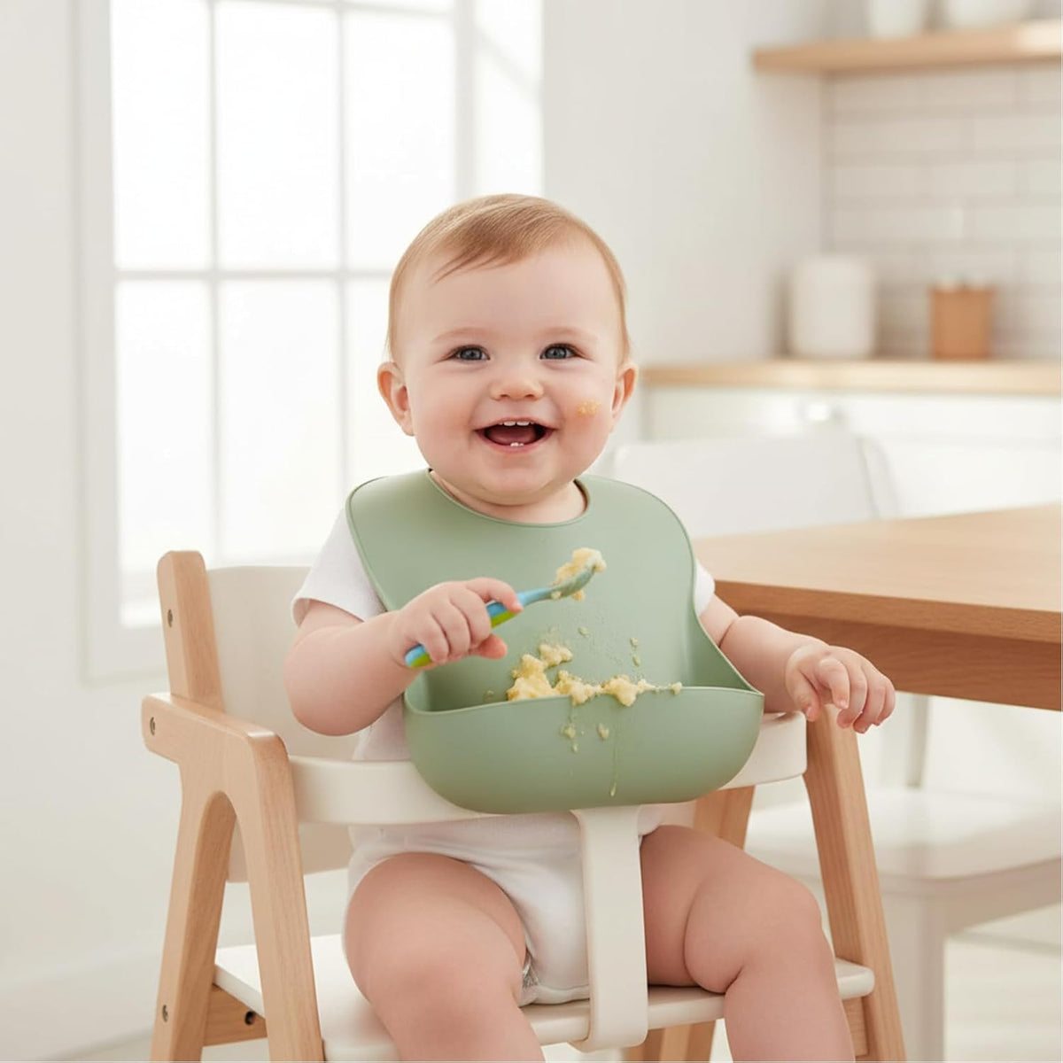 PandaEar 3 Pack Thick Silicone Baby Bibs for Babies & Toddlers (10-72 Months)| Waterproof Baby Feeding Bibs Adjustable with Wide Food Catcher Pocket, Soft, Unisex, Non Messy |Brown/Blue/Green