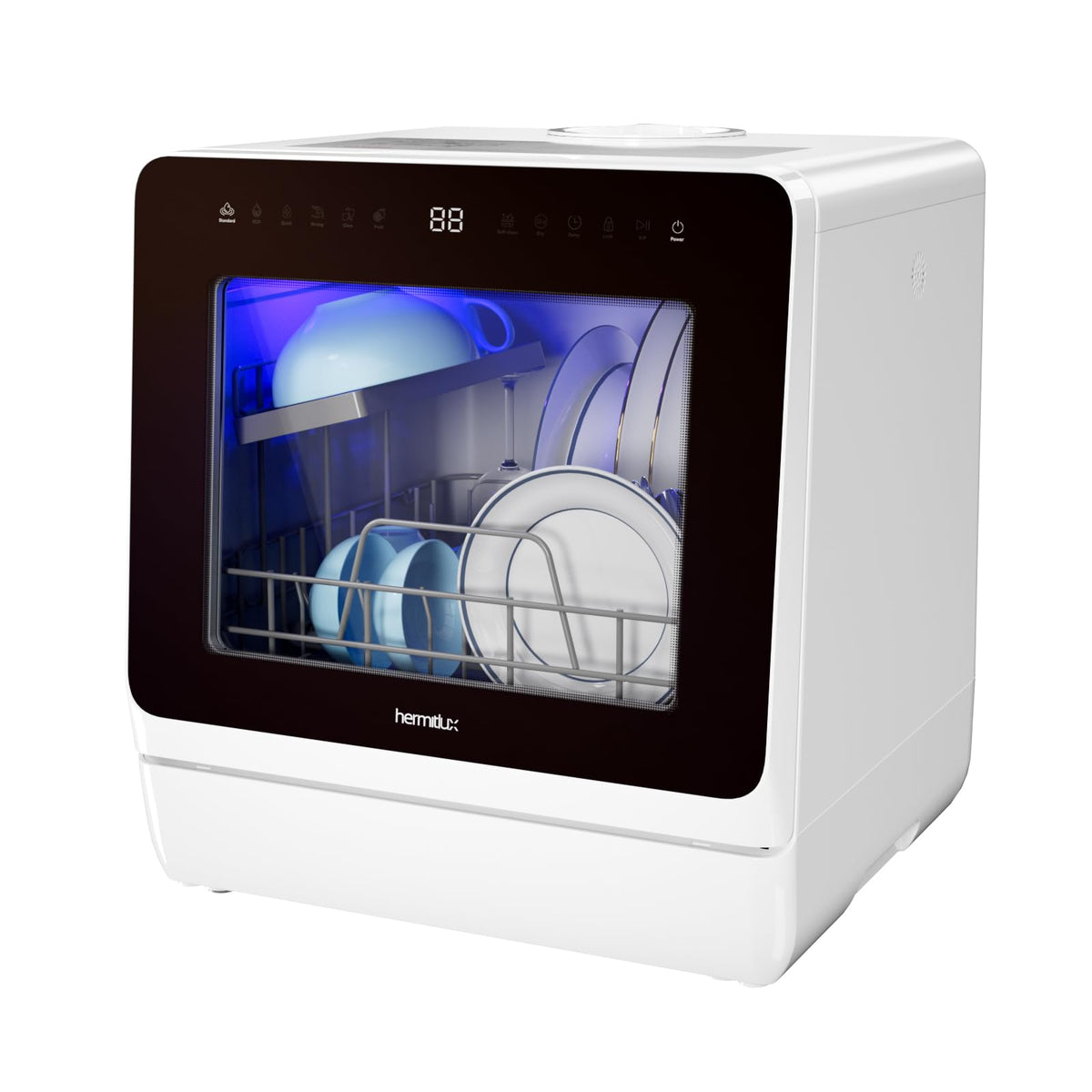 Hermitlux Table Top Dishwasher, Mini Countertop Dishwasher with 4 Place Settings, 5L Built-in Water Tank, 6 Programmes, Touch Control, Baby Care and Fruit Wash, White