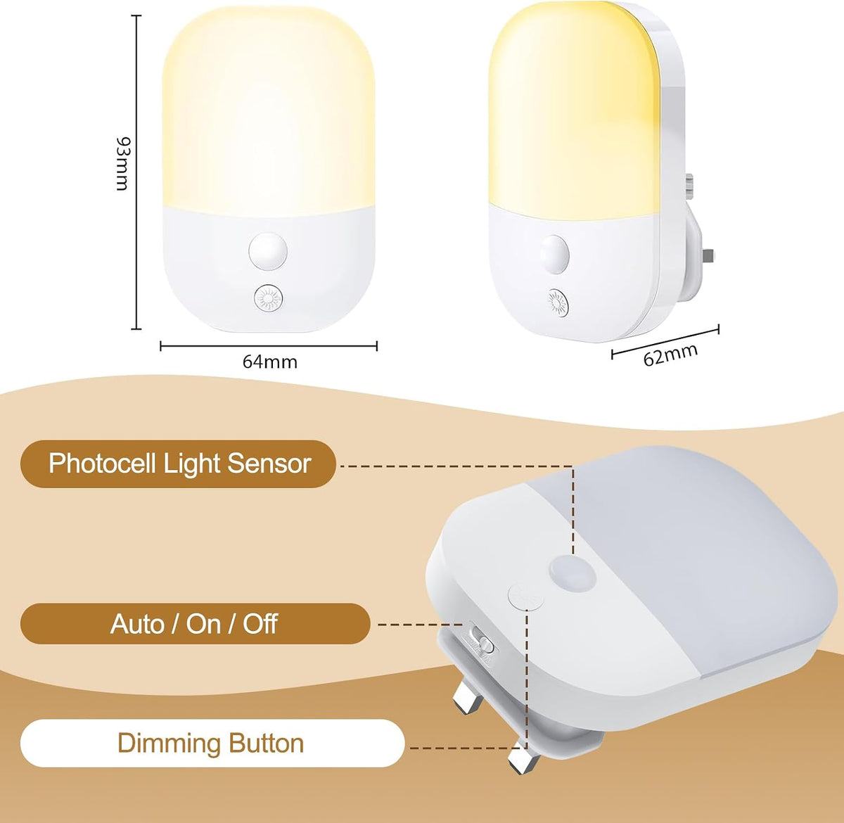 2 Pack Night Light Plug in Wall, Dimmable LED Night Light with Dusk to