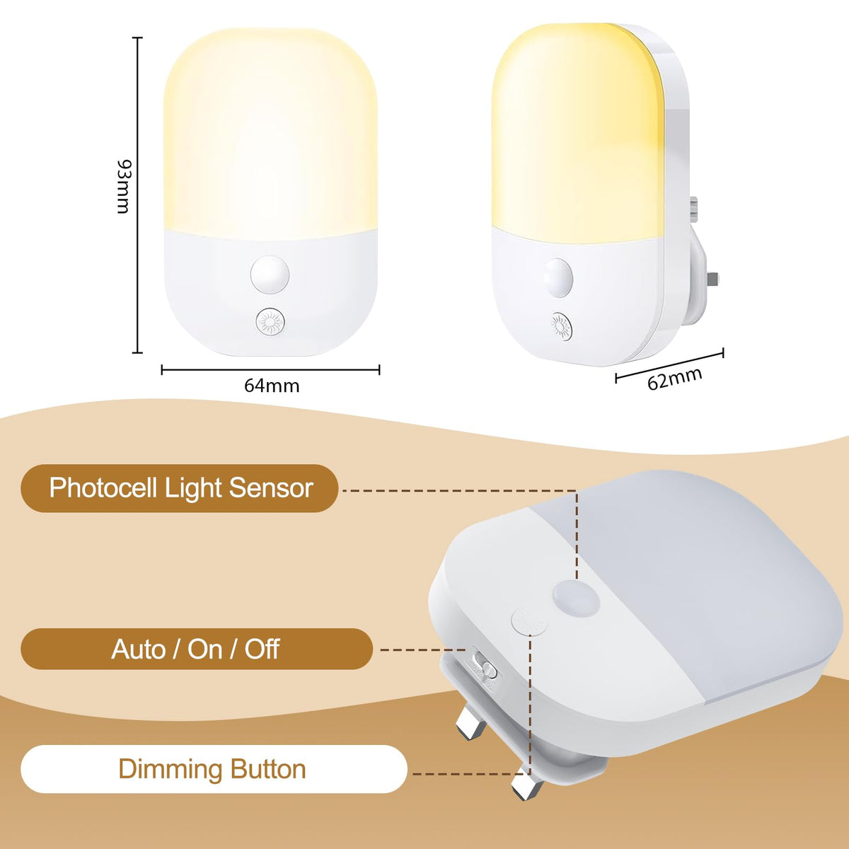 2 Pack Night Light Plug in Wall, Dimmable LED Night Light with Dusk to