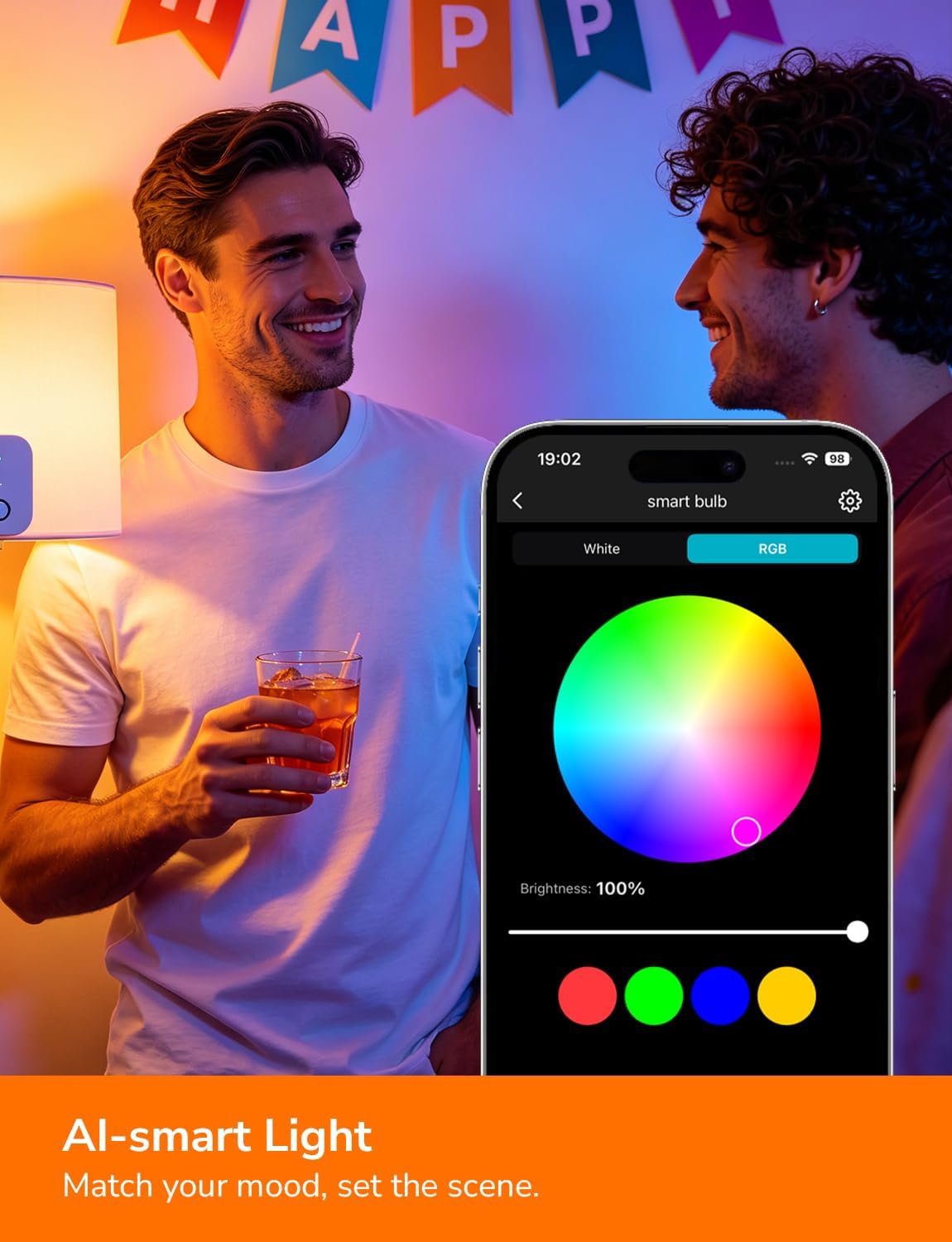 Lepro E27 Smart Bulbs, 806lm 8.5W, RGB Colour Changing, AI Lighting, 2 Pack