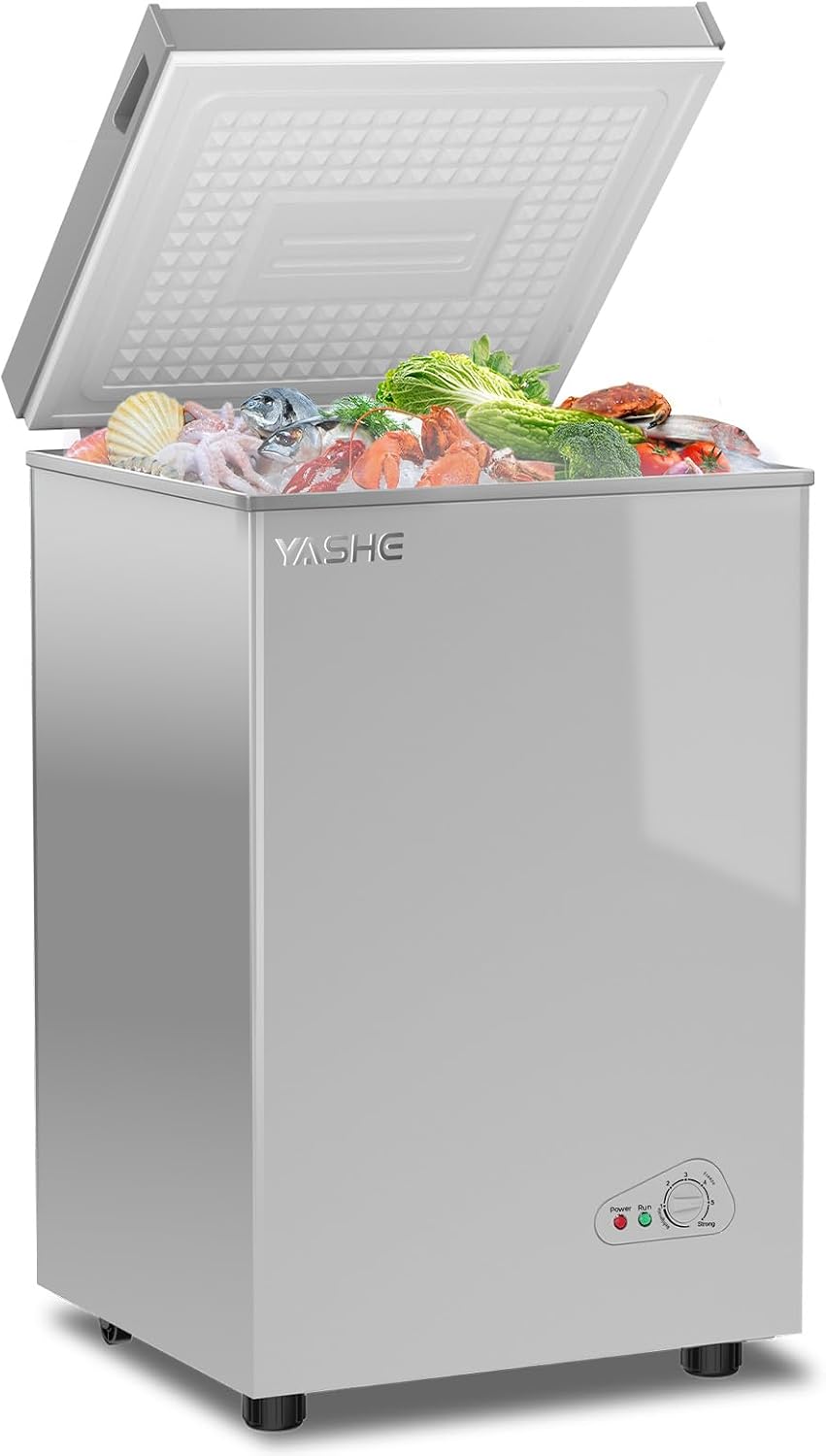 YASHE 100L Chest Freezer, Compact Deep Freezer with 2 Baskets, White