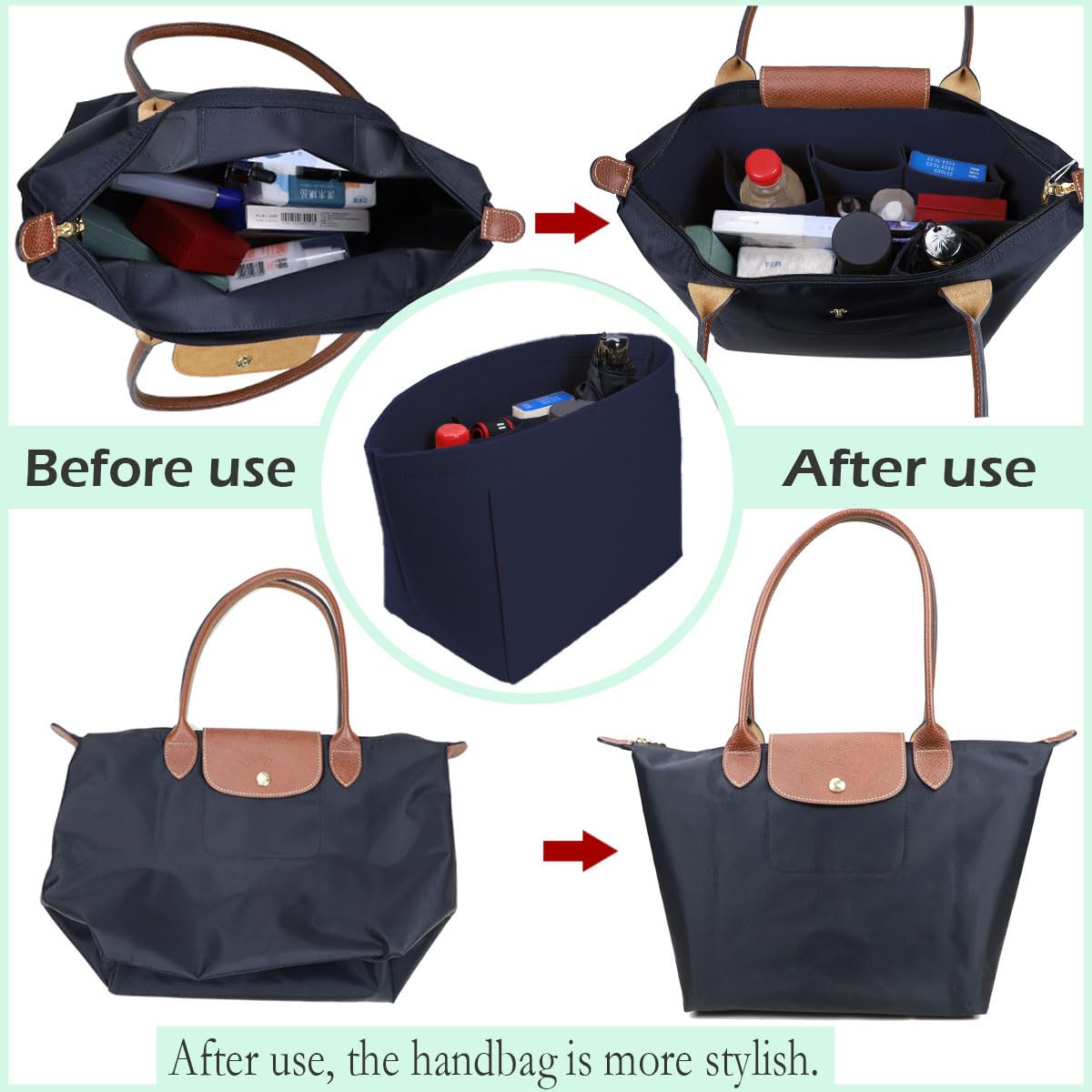 Lckaey tote bag organizer insert for Longchamp le pliage large tote insert felt purse zipper bag organizer 1028pink-S