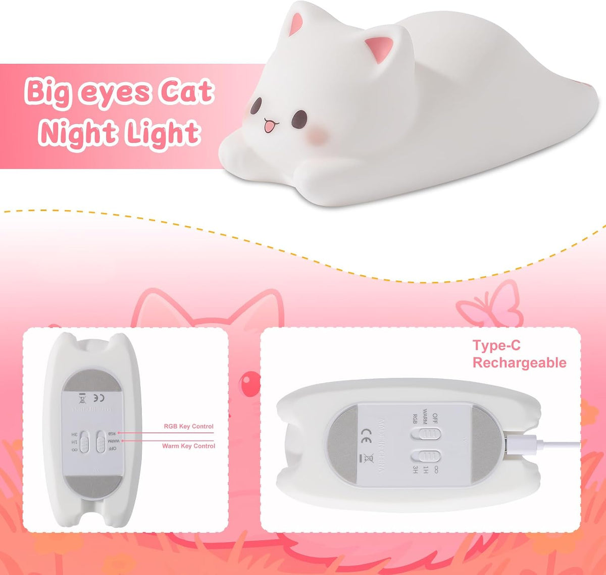 ZKLiLi Cat Night Light for Kids,Cute Night Lamp for Nursery,Squishy Silicone Touch Lights Portable, Gift for Birthday and Christmas for Kids Baby Children (Battery Cat)
