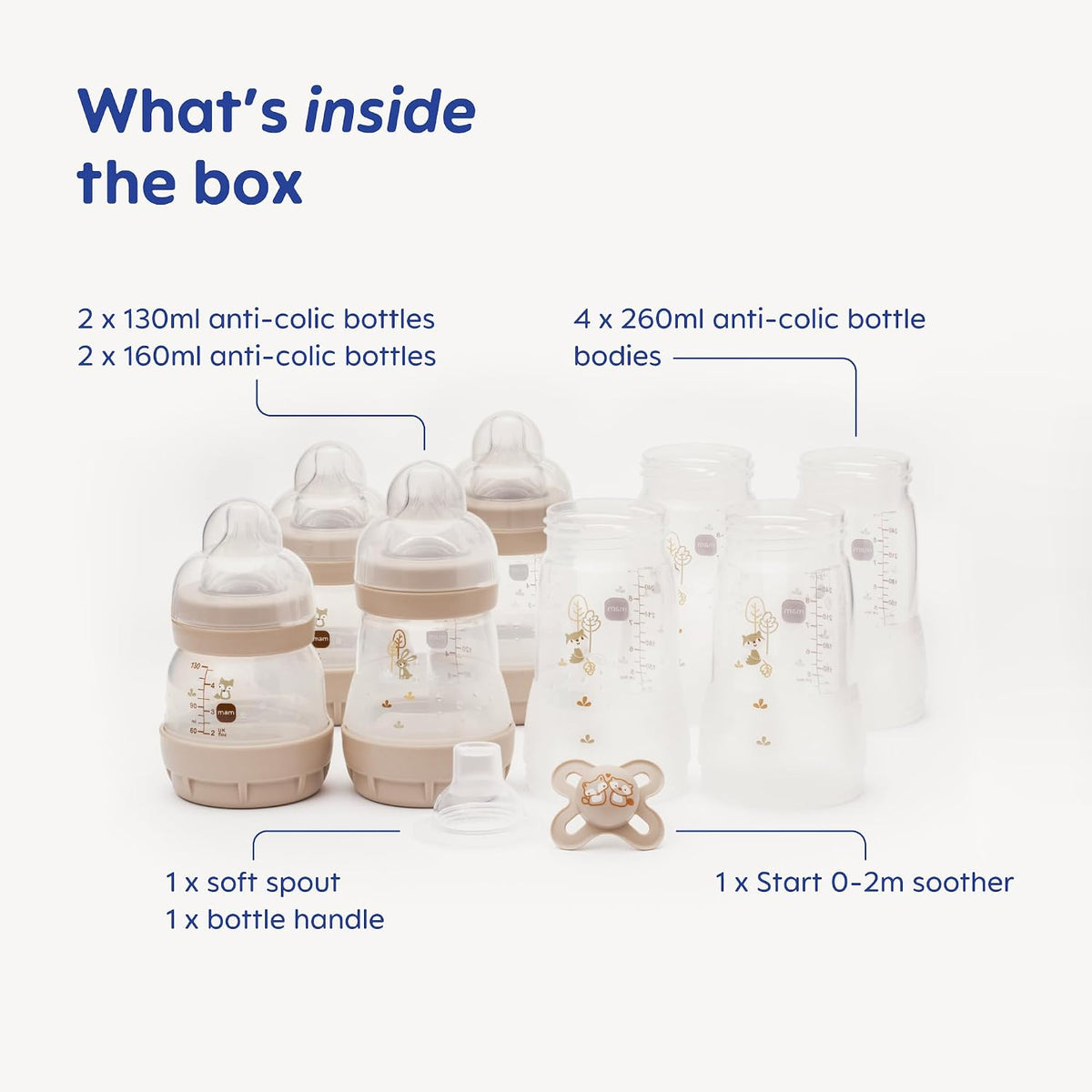 MAM Easy Start Anti-Colic Bottle Starter Set | Includes 4X Feeding Bottles and MAM Original Start 0-2 Month Soother | Self-Sterilising | Baby Gift Set of Newborn Essentials | White (Various Designs)