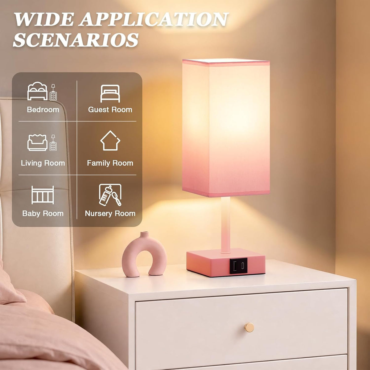 Pink Touch Lamp, Bed Lamp with Dual USB Charging Ports, Pink-Base (Bulb Included)