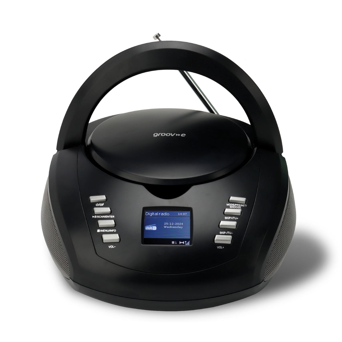 Groov-e Original Boombox - Portable CD Player with Bluetooth, Radio, 3.5mm Aux Port, & Headphone Socket - LED Display, 2 x 1.2W Speakers - Battery or Mains Powered - Black