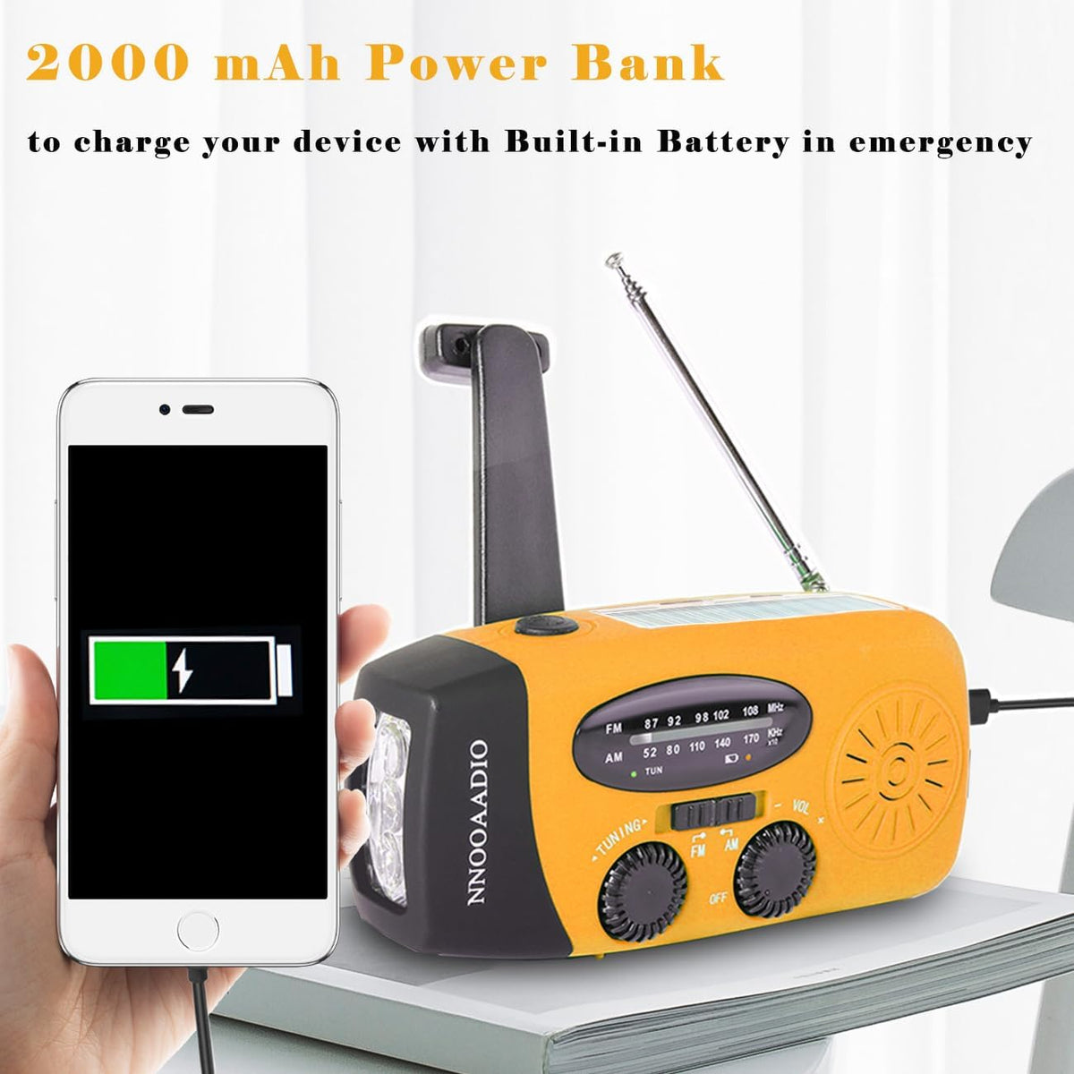 NNOOAADIO Wind Up Solar Hand Crank Radio, 2000mAh SOS Alarm for Camping