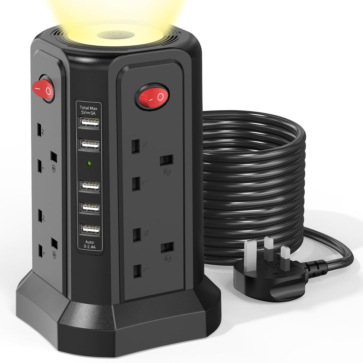 HAFINO Tower Extension Lead 3M with USB Slots and Night Light, 4 Switches