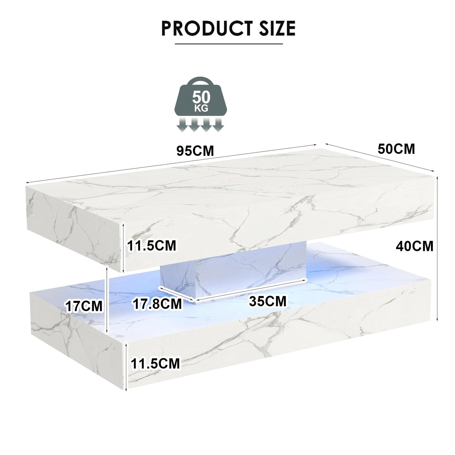 COSVALVE White Marble Coffee Table for Living Room with 24 Colors LED Light, 2 Tier High Gloss Modern Centre Table Rectangle Tea Table for Home, Office Furniture