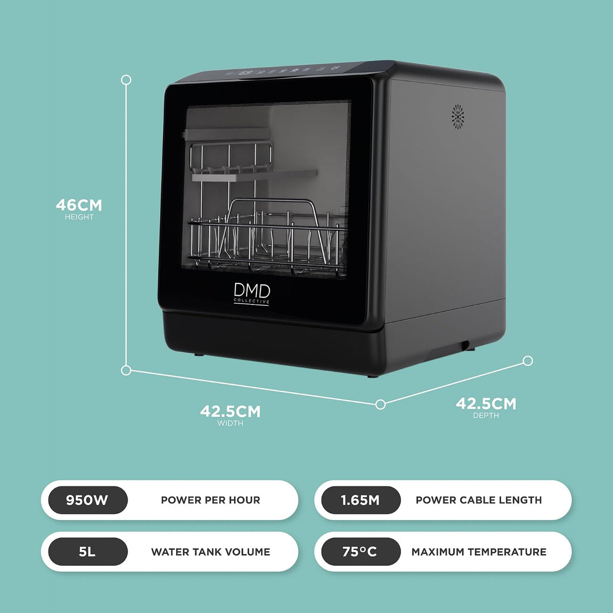 DMD Collective - 5L Table Top Dishwasher, Compact Mini Dishwasher, Black
