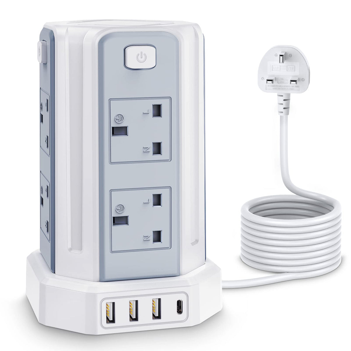 Tower Extension Lead 3M, [13A 3250W] Extension Lead, 8 AC Outlets & 4 USB Ports Multi Plug Socket Power Strip with 3M Extension Cable for Home, Office