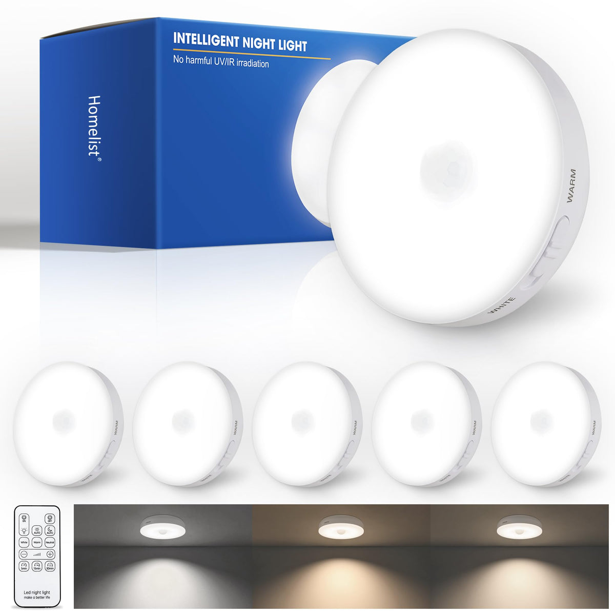 Homelist Motion Sensor Lights Indoor, Rechargeable Night Light, 6 Pack