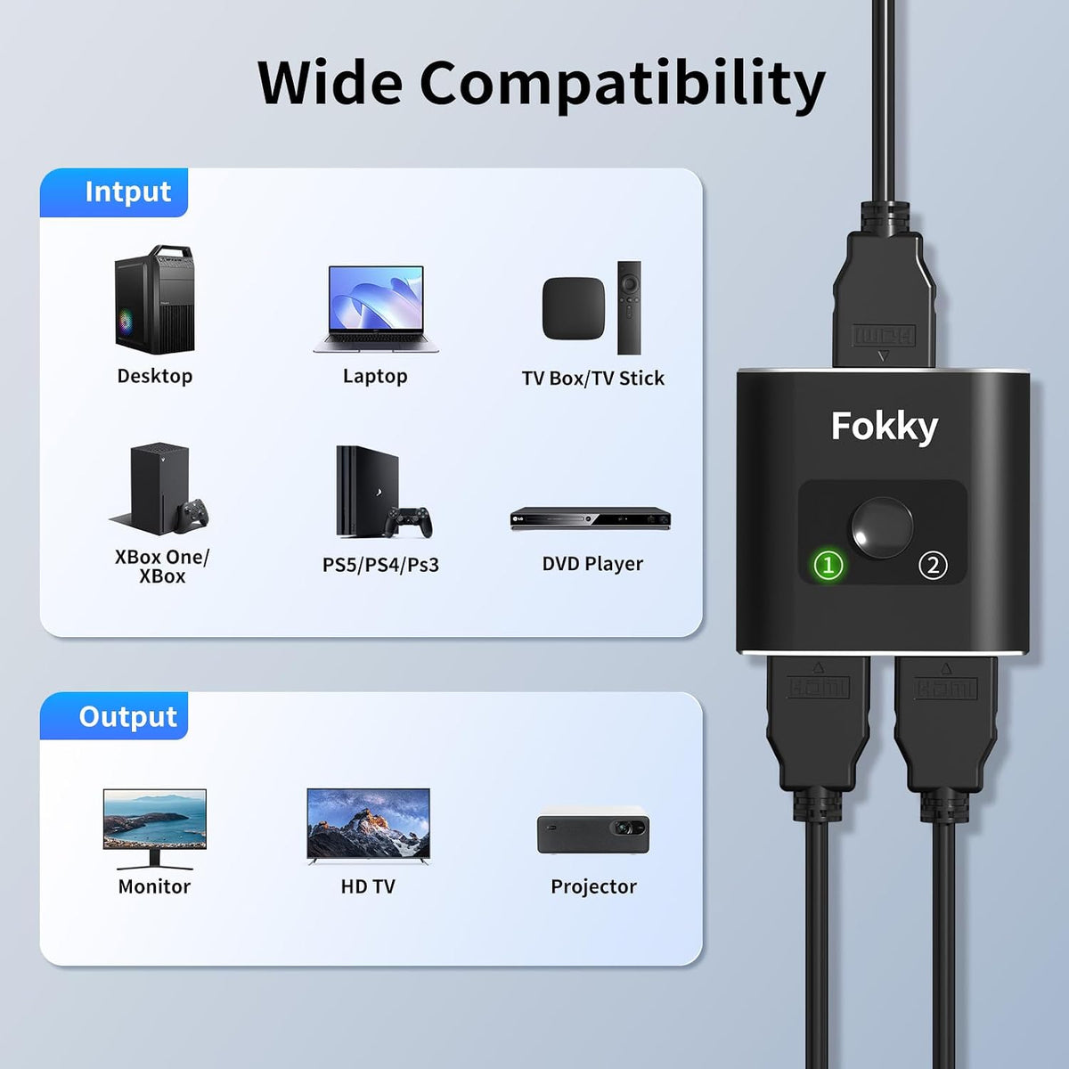 HDMI Switch 4K@60Hz, Bidirectional Hdmi Splitter 2 in 1 out / 1 In 2 out