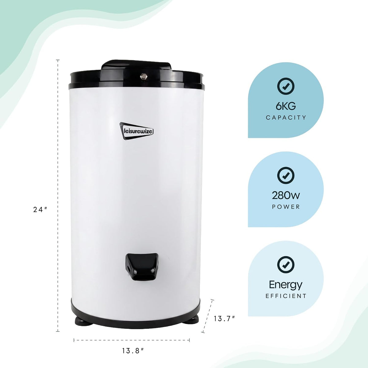 Portable 230v Heavy Duty Low Wattage 6kg Spin Dryer | 2800 RPM | Steel Drum | Student Camping Caravan Motorhome Dryer | Energy-Efficient (LW642)