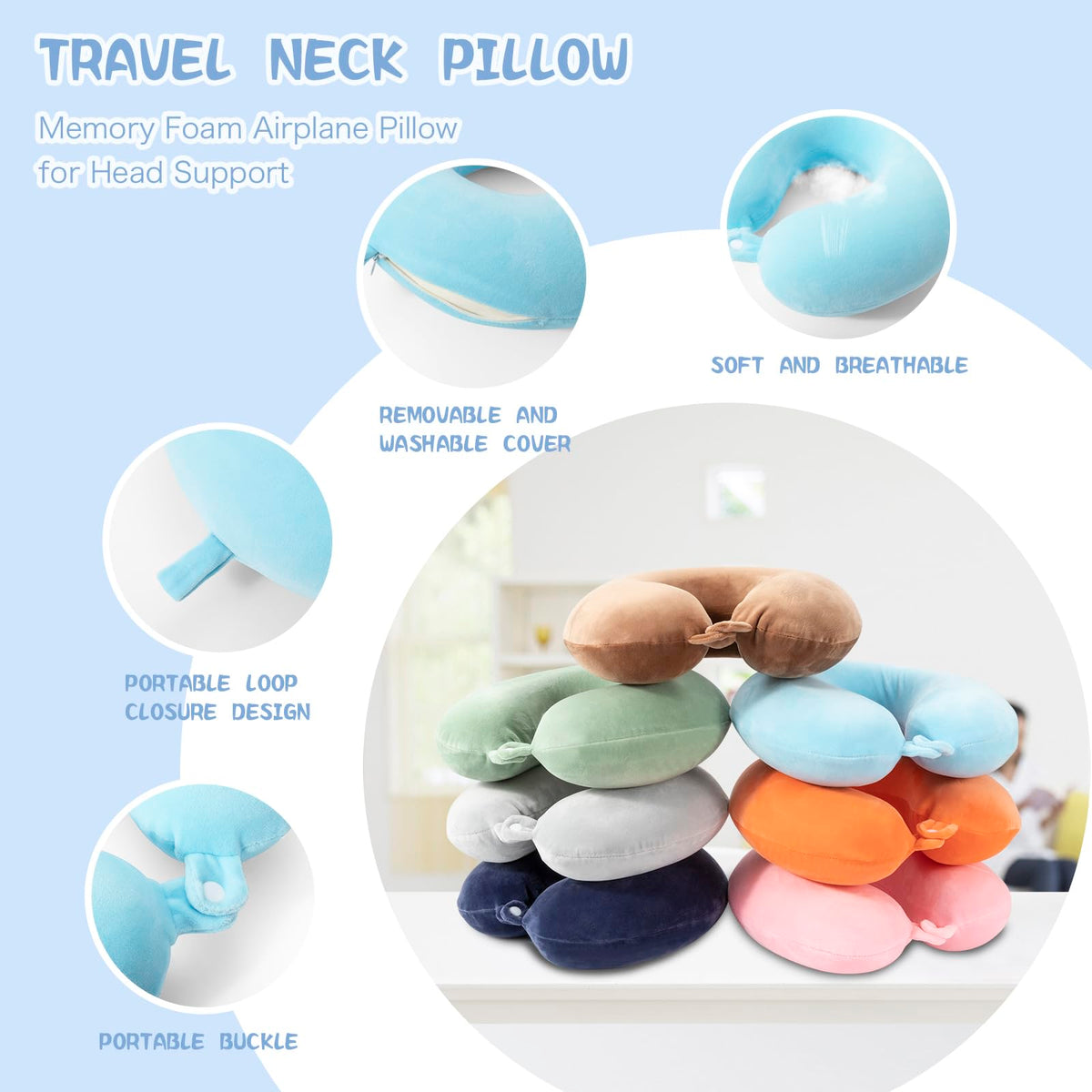 WENGX Travel Neck Pillow With Storage Bag Memory Foam Head Support Flight Pillows Cushion for Airplane Train Car Office Travel Essential for a Long Hauls Sleeping Rest(Pale Pink)