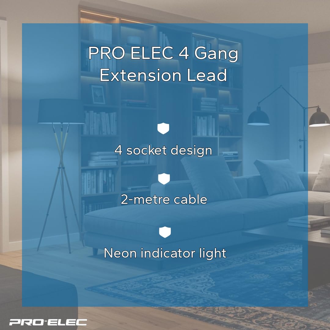 Pro Elec 3 m 4 Socket Neon On Light Extension Lead - White