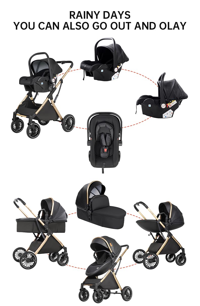 PU Leather 3 in 1 Pushchair Travel System, Toddler Stroller, Baby Pram 3 in 1, Infant Carriage with One-Click Folding, Newborn Buggy with Aluminum Frame (V6 Black)