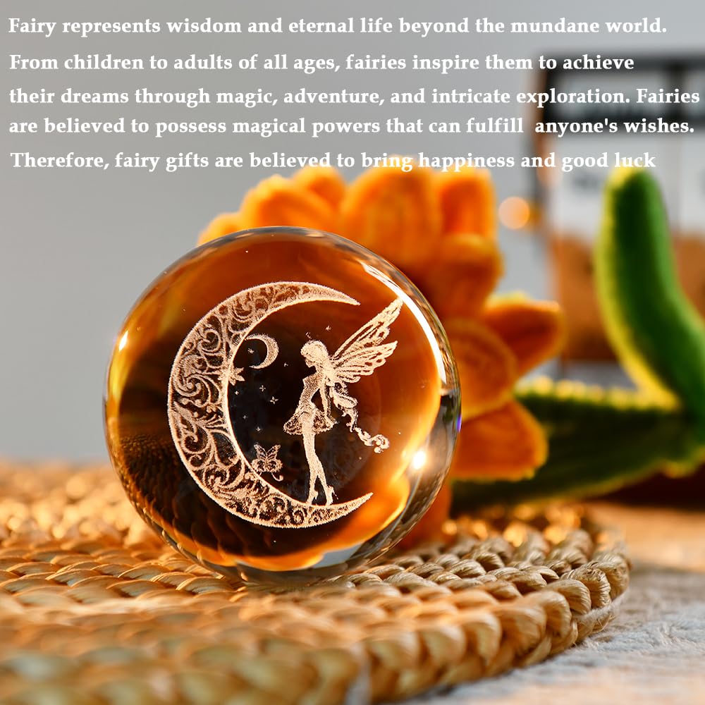 3D Fairy Crystal Ball 60mm Glass Fairy with Flower Night Light Gifts for Girl Women with Light Base