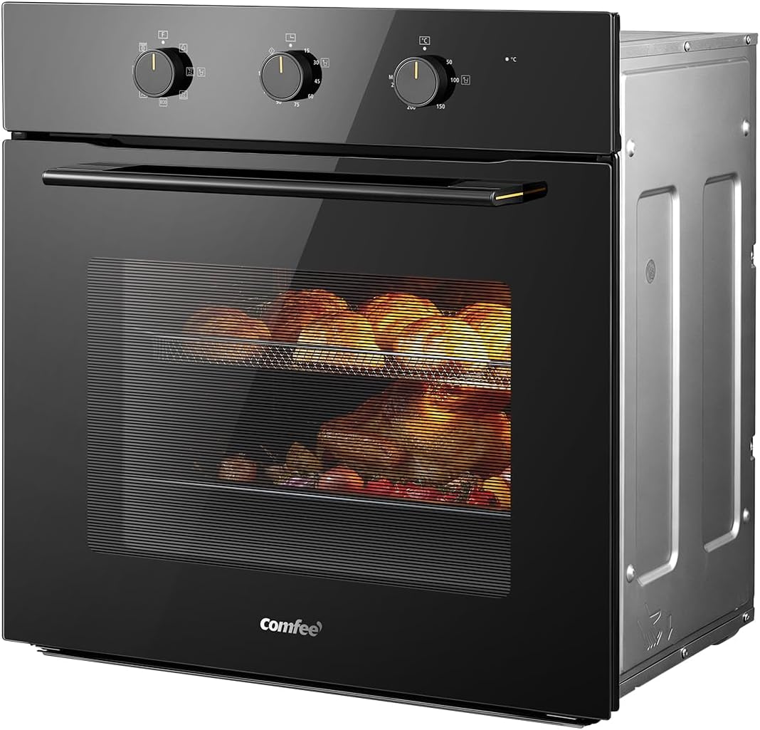 COMFEE' 60L, 60cm Wide, Single Electric Built-in Fan Oven, 8 Function with Air Fry, Multiphase Cooking and Easy Cleaning Removable Door, Color Black - CBO60M80M1-BK