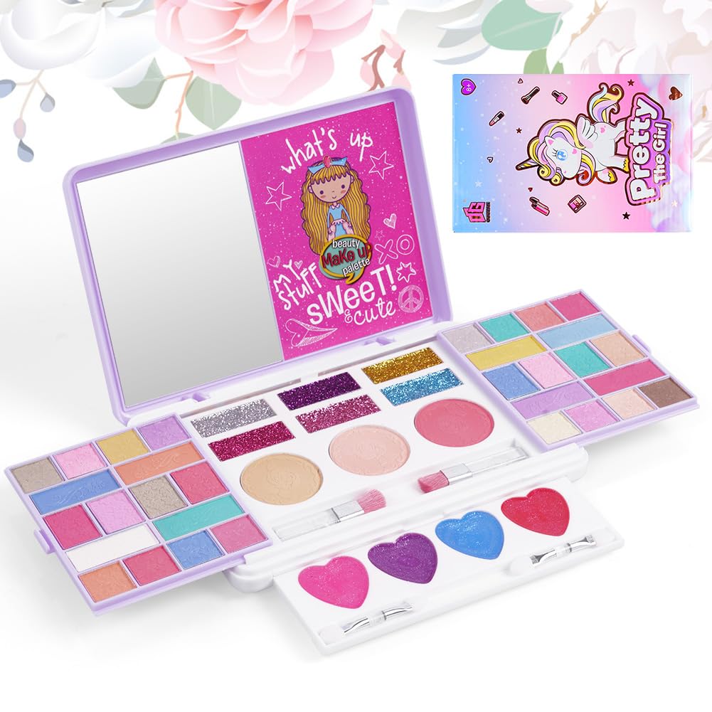 Aomig Kids Makeup Sets for Girls, 37 Pcs Washable Children's Make Up Kit with 8 Brushes, Non-Toxic Cosmetic Beauty Set Gift for Kids, Princess Pretend Play Games Toys Birthday Christmas Presents