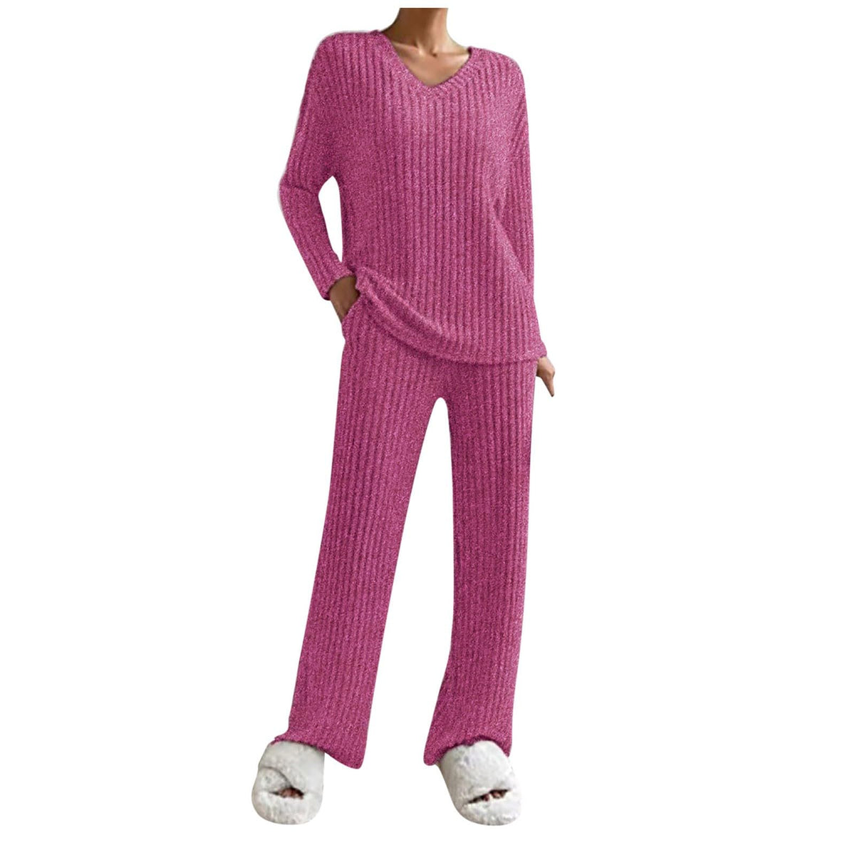 Lounge Wear Sets For Women Uk Womens Pyjamas Set Ladies Pyjamas Two Piece Outfit Fleece Tracksuits V-Neck Long Sleeve Jumpers And Wide Leg Trousers With Pockets Sleepwear Plain Casual Homewear