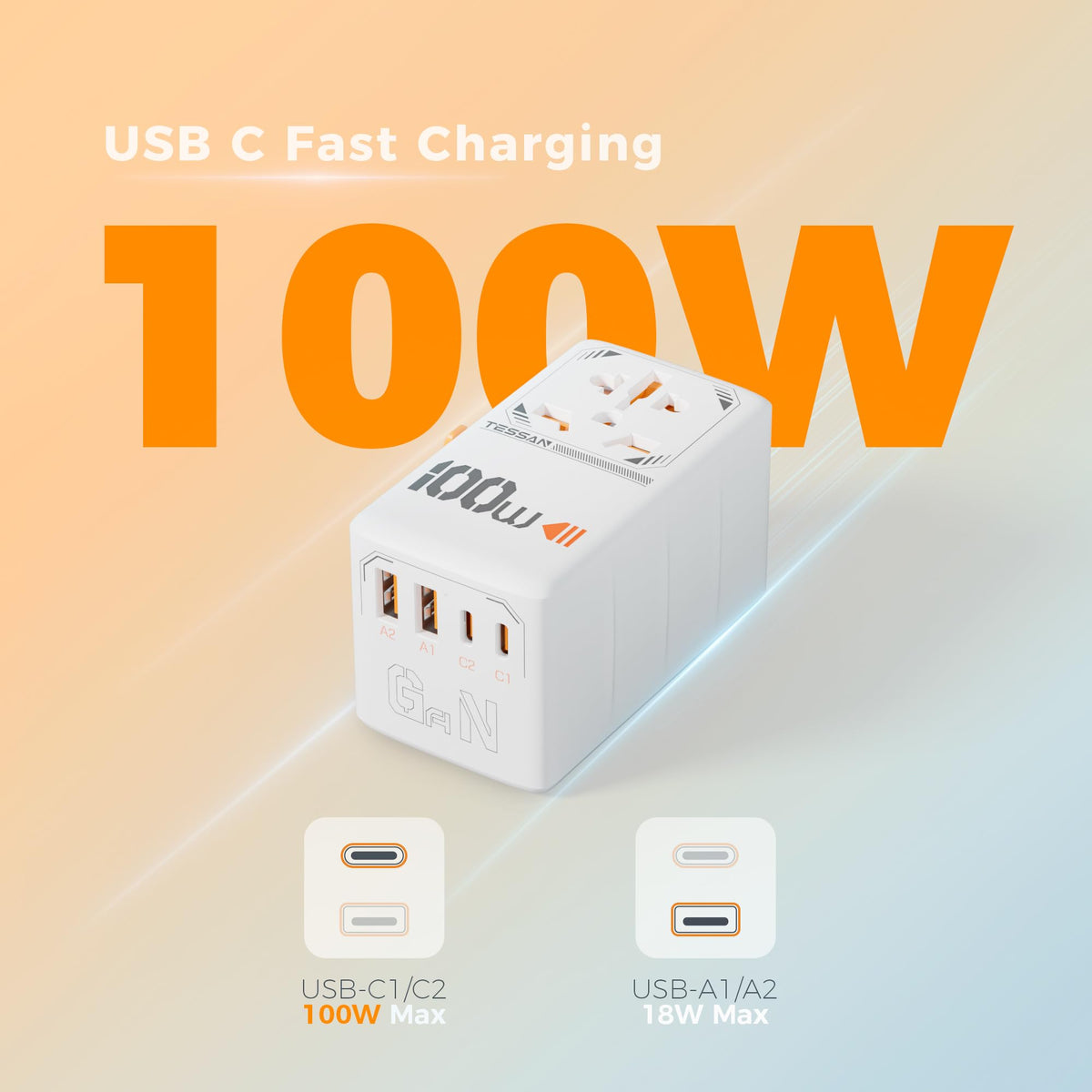 TESSAN Universal Travel Adapter Worldwide with 2 USB C and 2 USB A Ports
