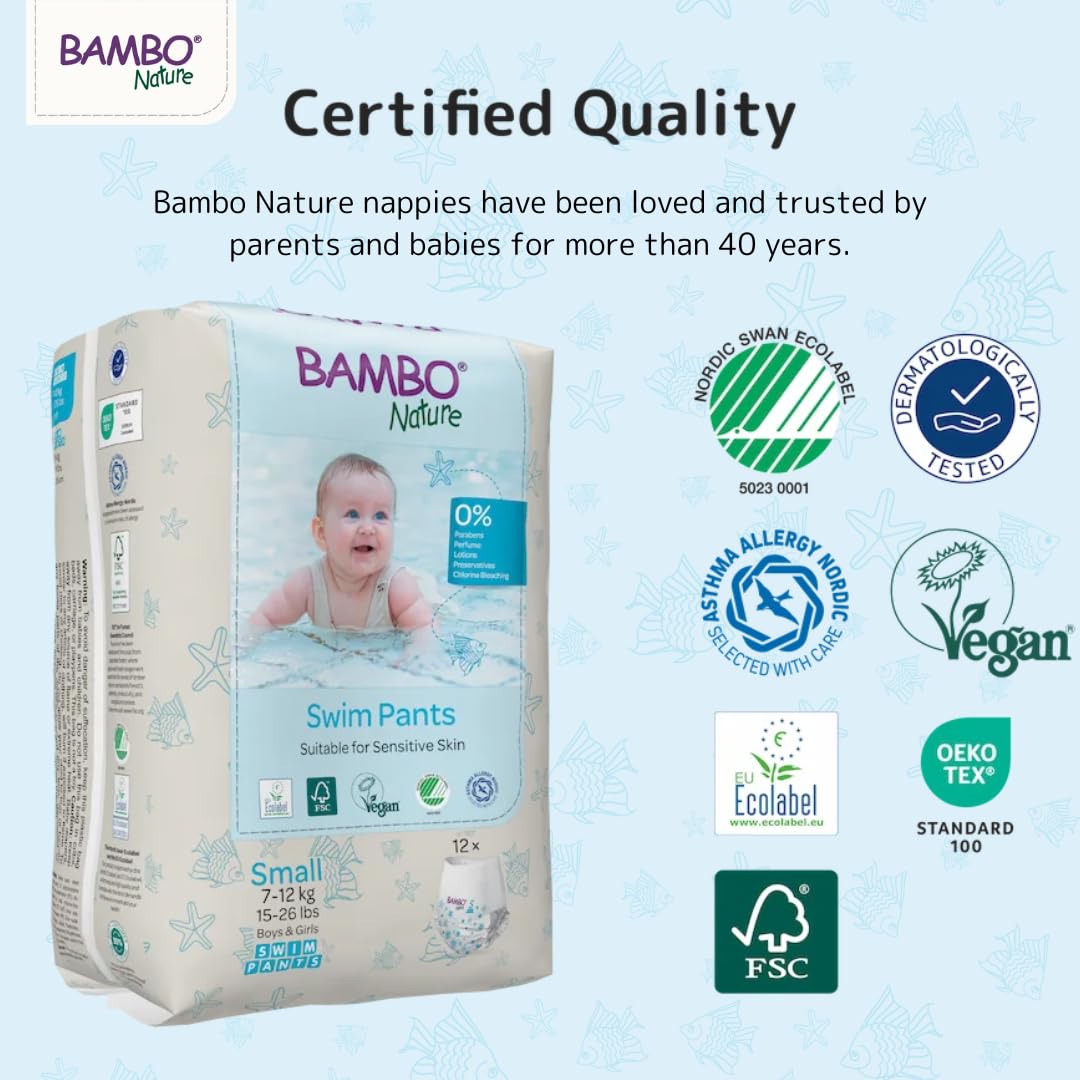 Bambo Nature Premium Swim Nappy Pants Medium Size (12+ kg), Disposable and Eco-Labelled, Perfect Swimming Nappies for Water Activities, Swim Nappies for Babies