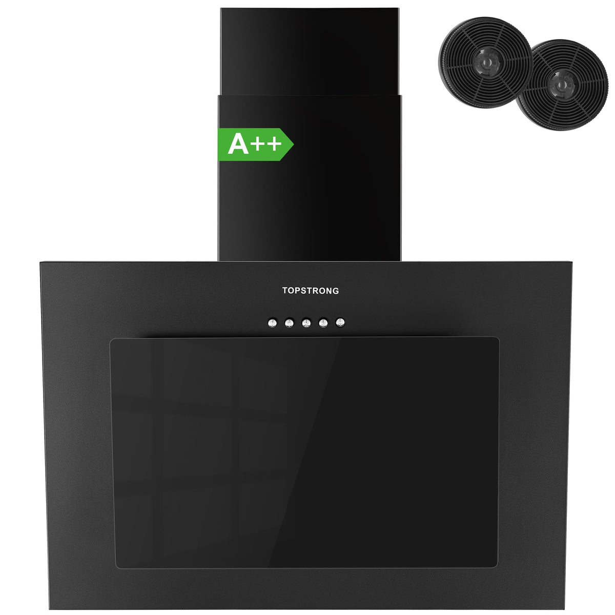 TopStrong Cooker Hood 90cm, 600 m³/h Extractor Fan kitchen, Wall-Mounted Extractor Hood, A++ Energy Efficiency, Touch Control, 58 dB, Recirculating & Ducting System, Black