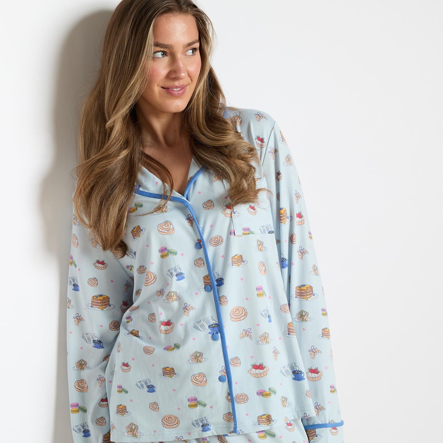 OHS Printed Piped Pyjama Set Jersey Button Through Nightwear Loungewear